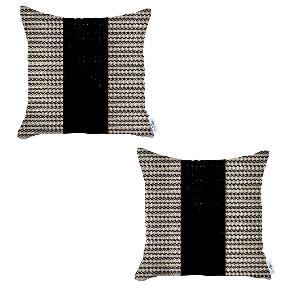 Set of Two 18" Black Brown and White Houndstooth Fabric Throw Pillow Covers-1