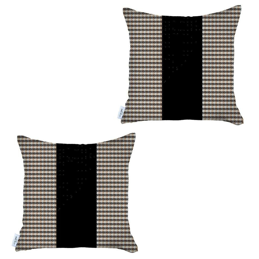 Set of Two 18" Black Brown and White Houndstooth Fabric Throw Pillow Covers-2