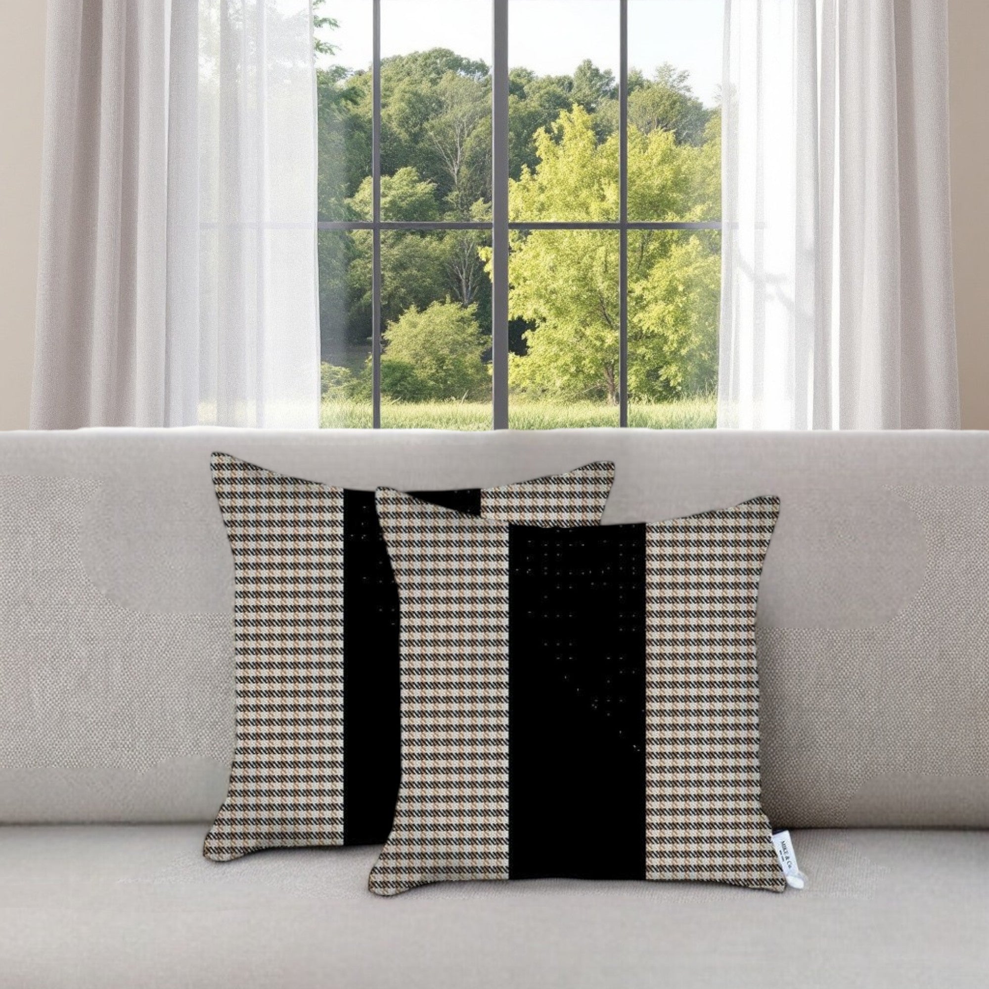 Set of Two 18" Black Brown and White Houndstooth Fabric Throw Pillow Covers-0