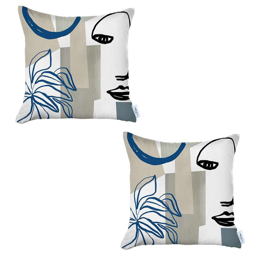 Set Of 2 Blue And Ivory Printed Pillow Covers-0