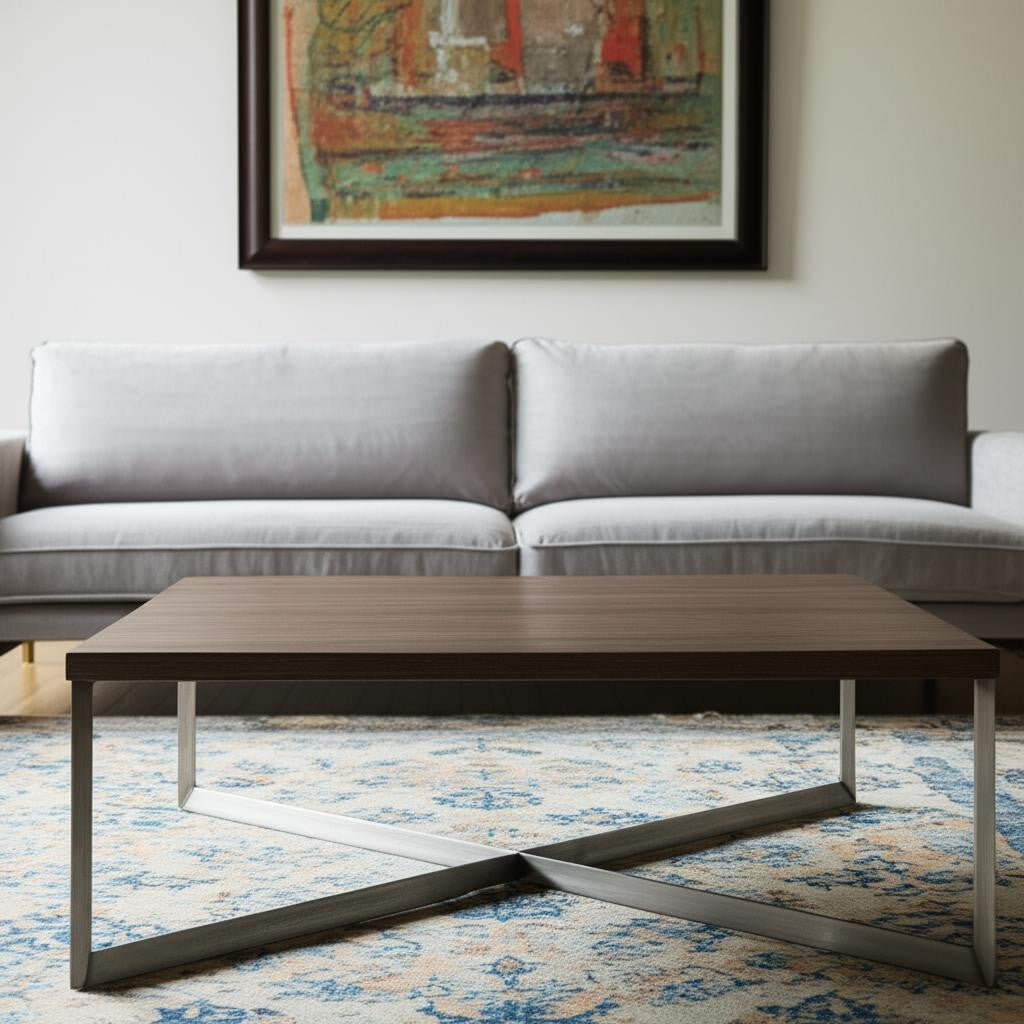 34" Brown Solid Wood and Metal Square Coffee Table-0