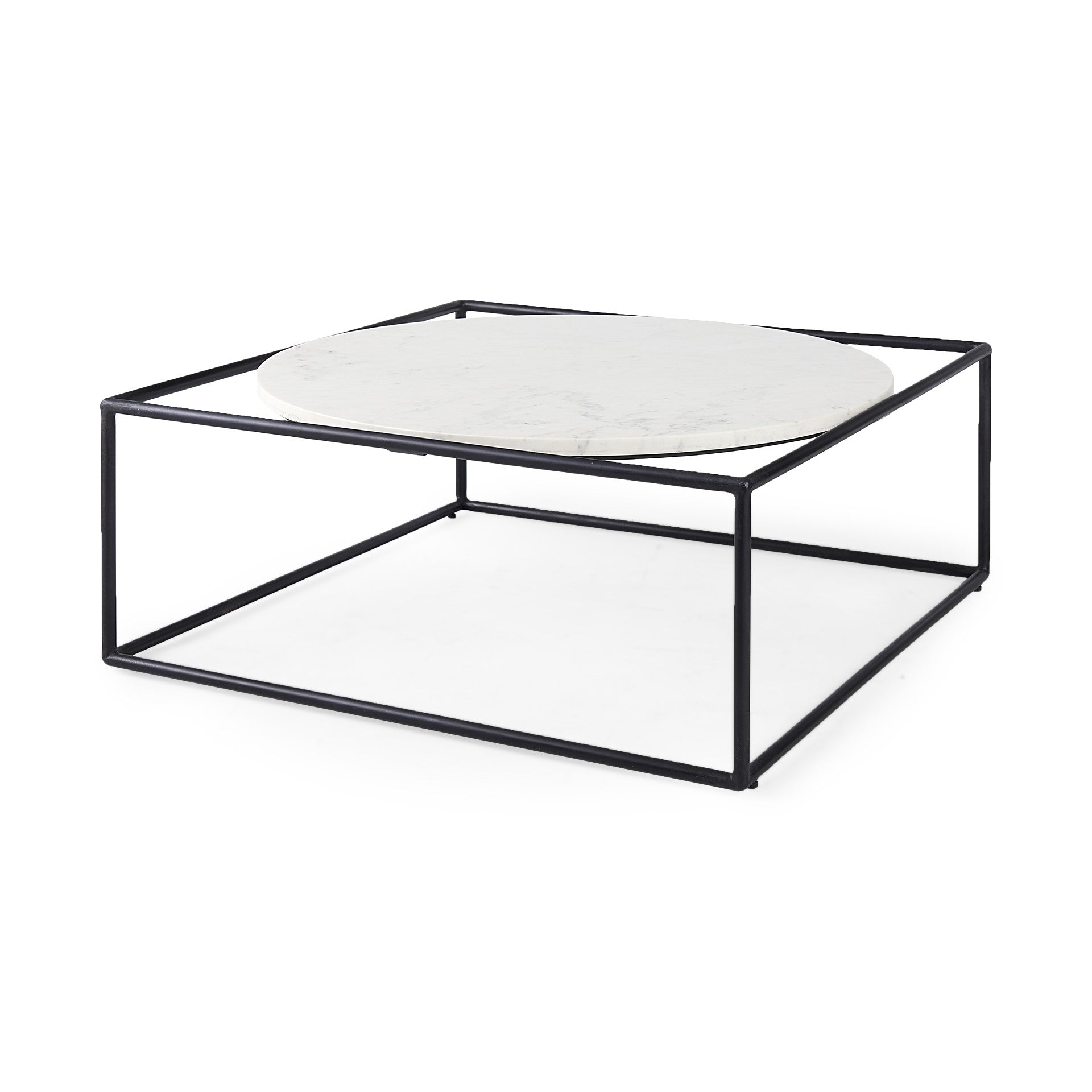36" White and Black Genuine Marble and Metal Square Frame Coffee Table-1