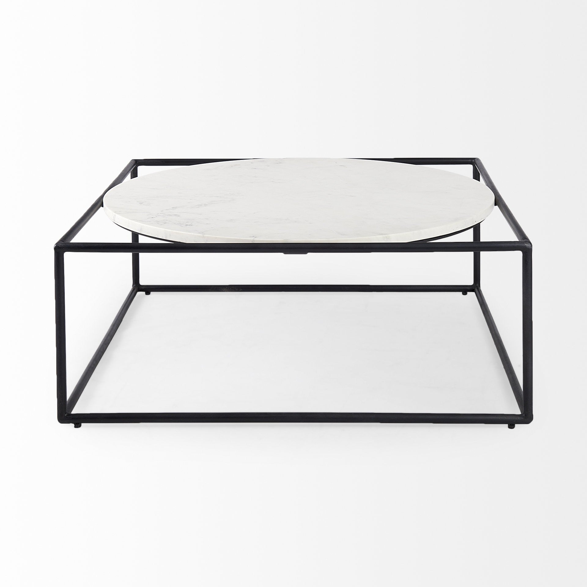 36" White and Black Genuine Marble and Metal Square Frame Coffee Table-2