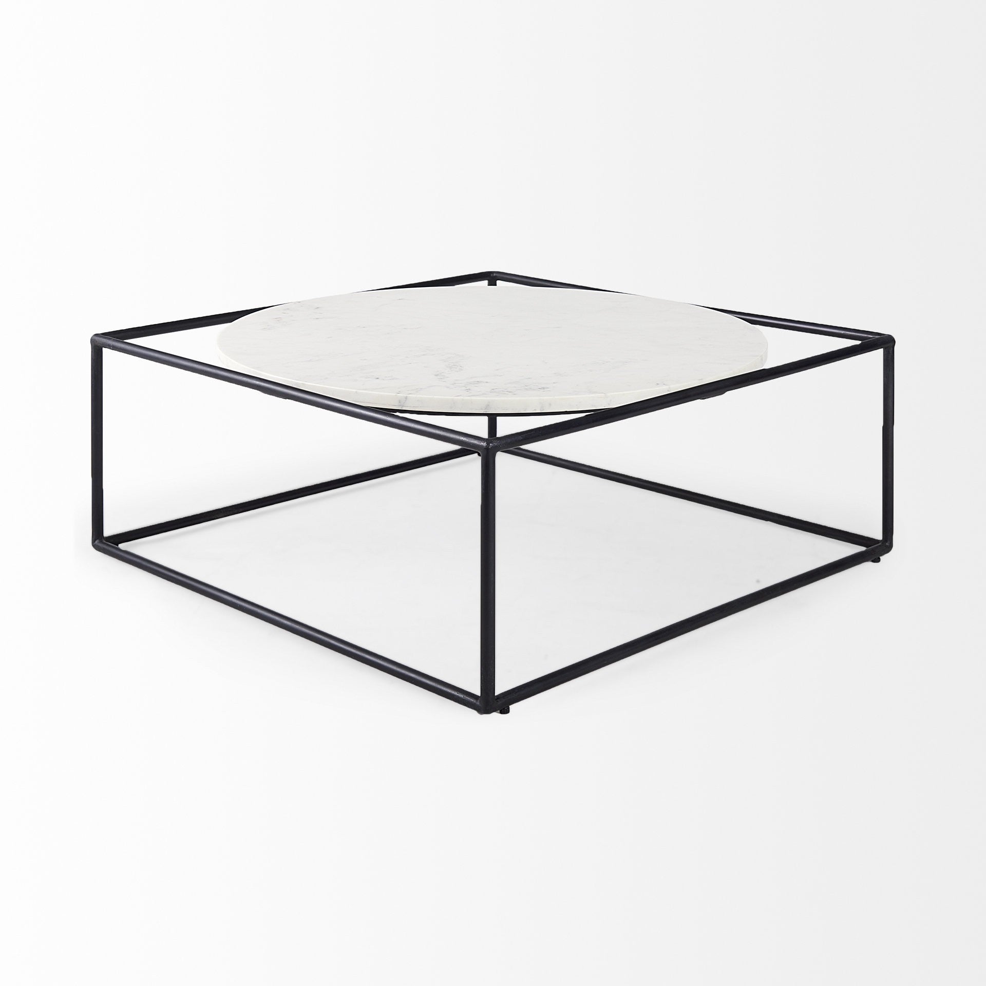 36" White and Black Genuine Marble and Metal Square Frame Coffee Table-3
