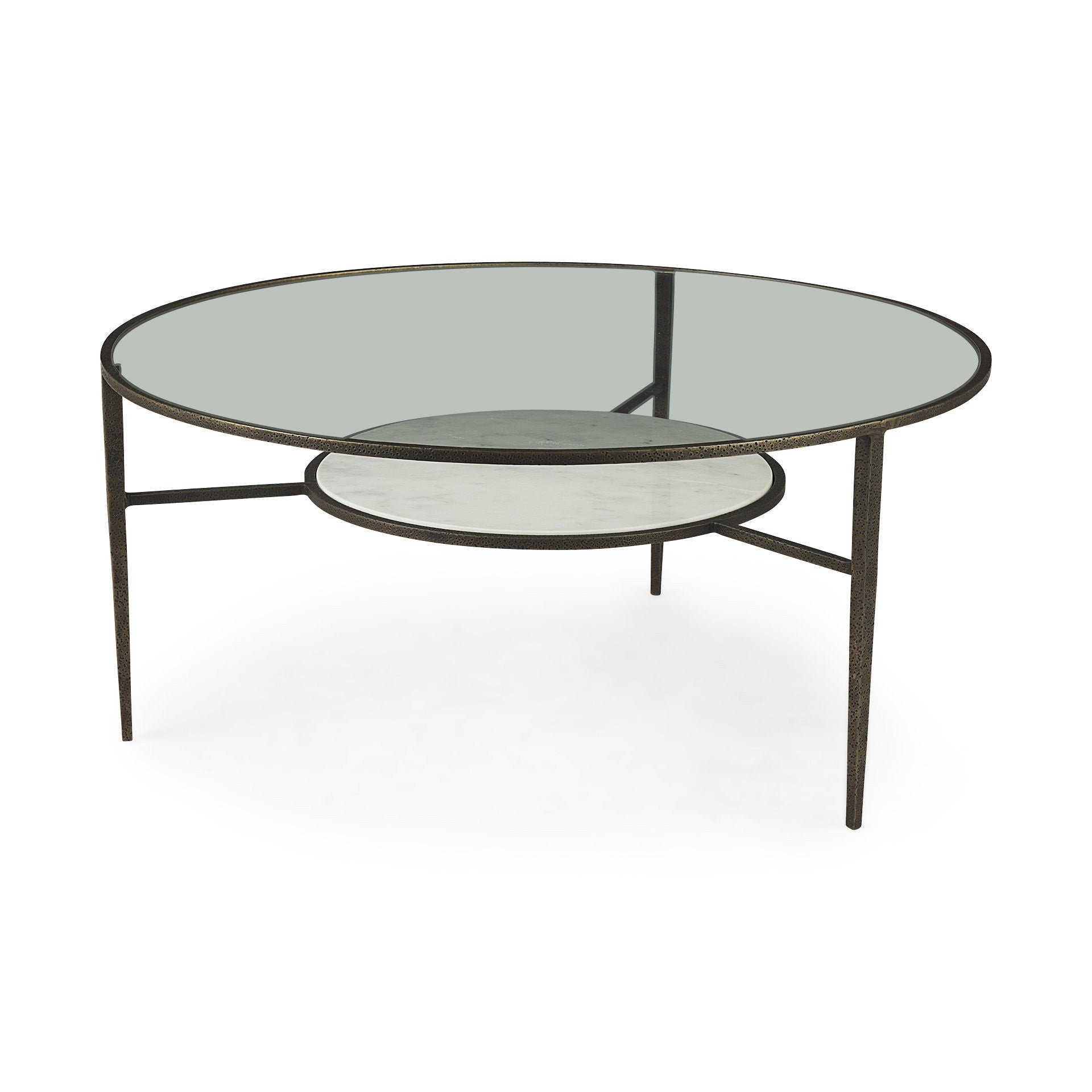 36" Clear and Bronze Glass and Metal Round Coffee Table With Shelf-0