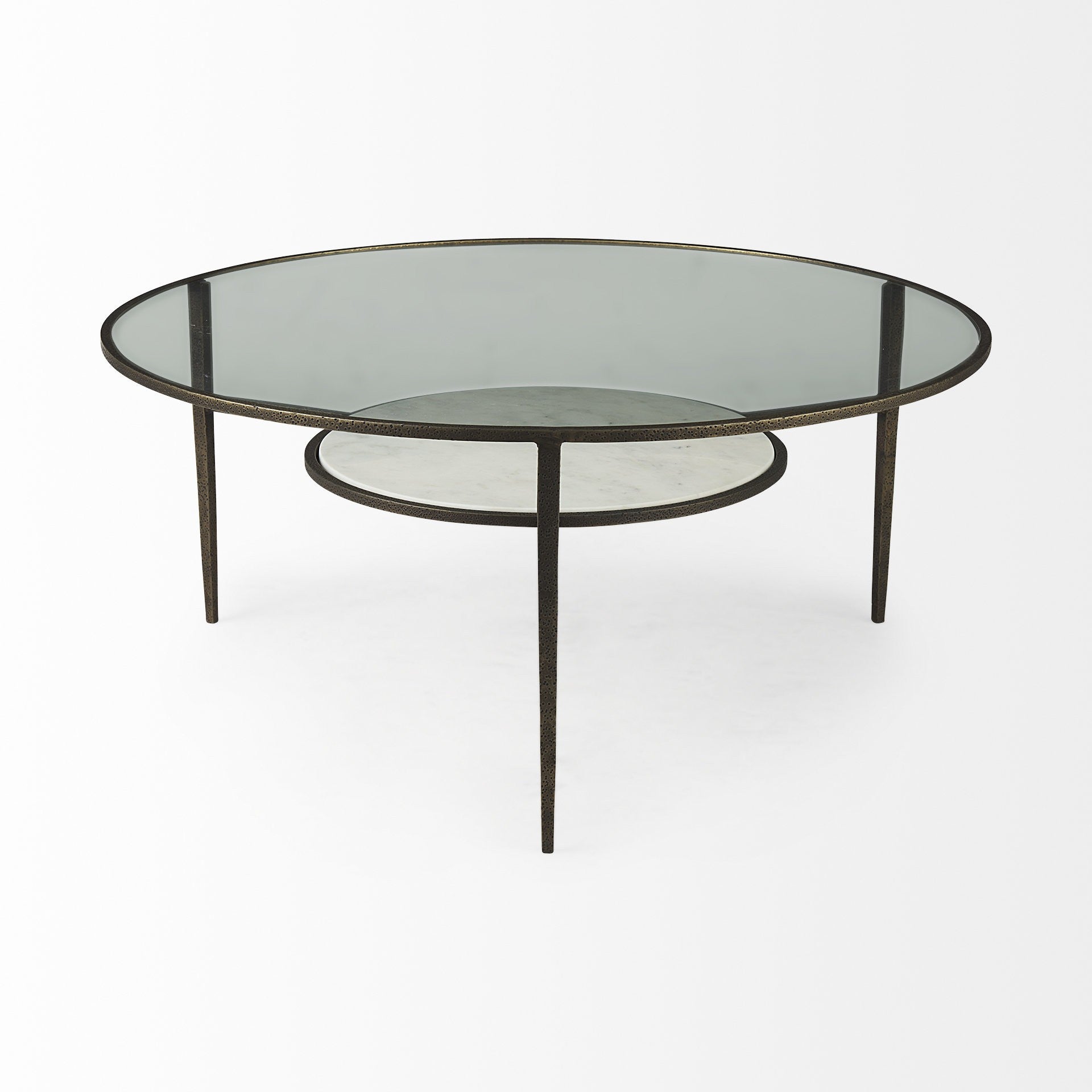 36" Clear and Bronze Glass and Metal Round Coffee Table With Shelf-4