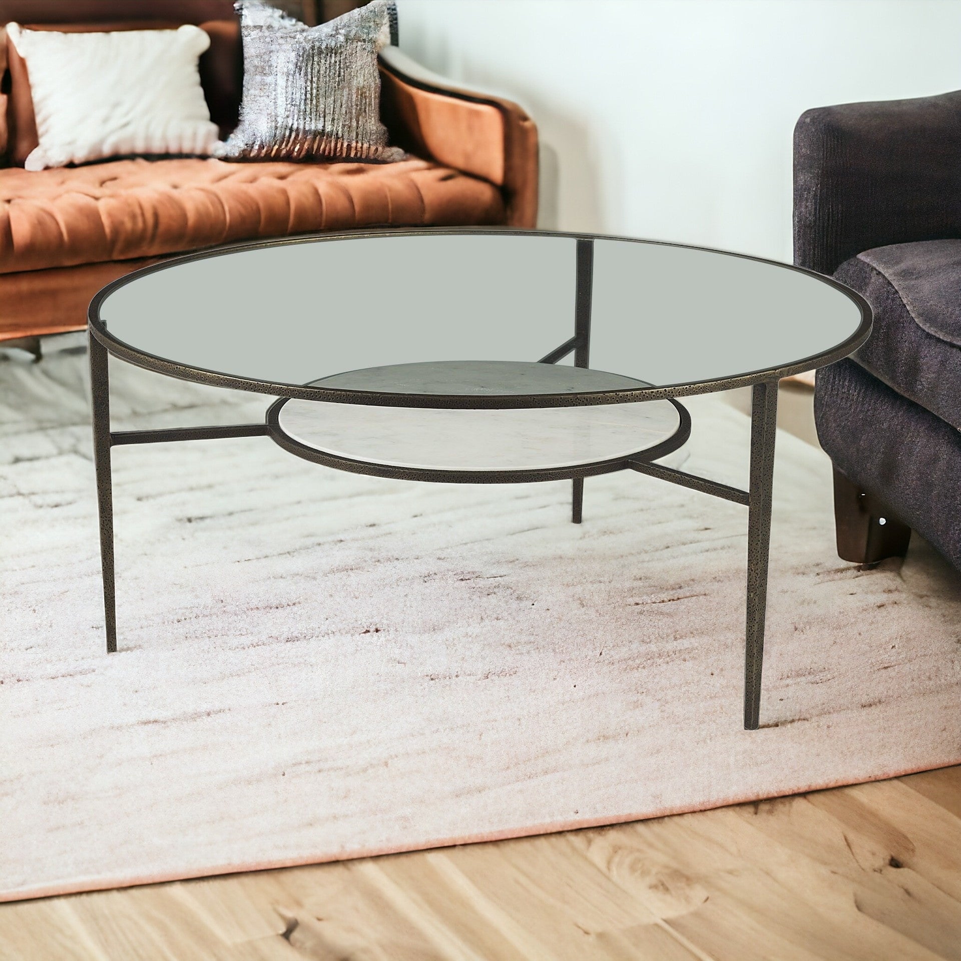 36" Clear and Bronze Glass and Metal Round Coffee Table With Shelf-1