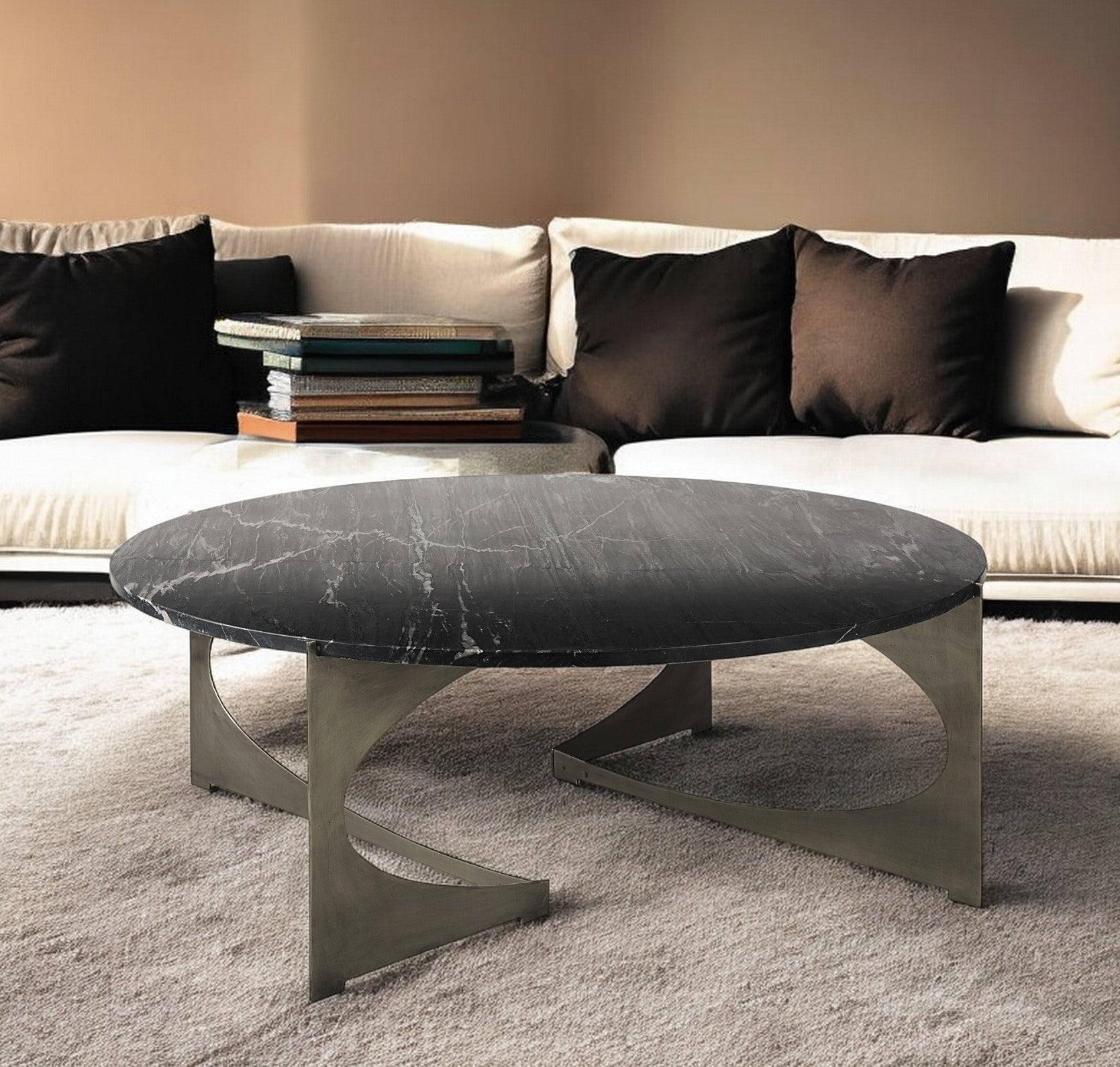 48" Black and Gold Genuine Marble and Iron Round Coffee Table-1