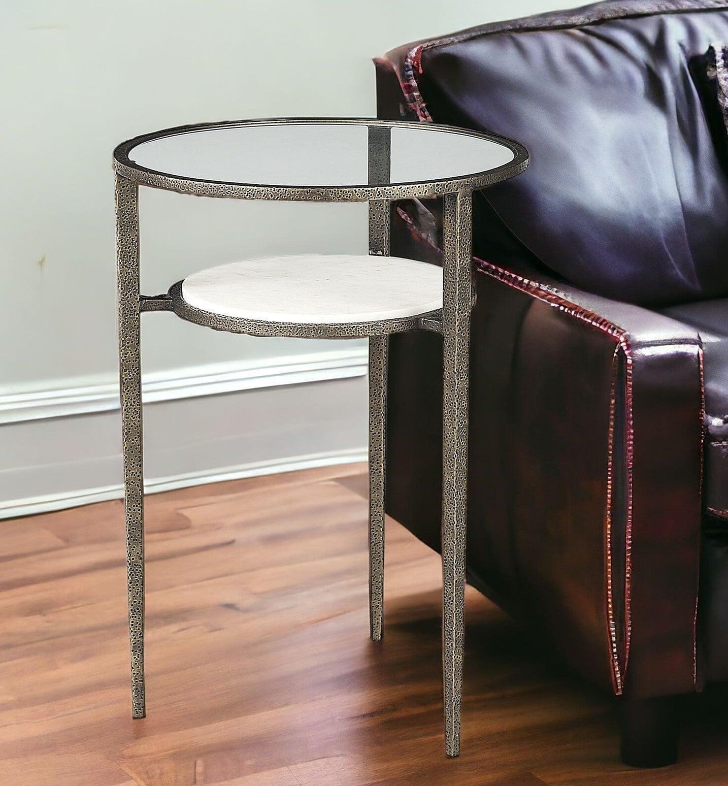 23" Bronze And Clear Glass And Metal Round End Table With Shelf-1