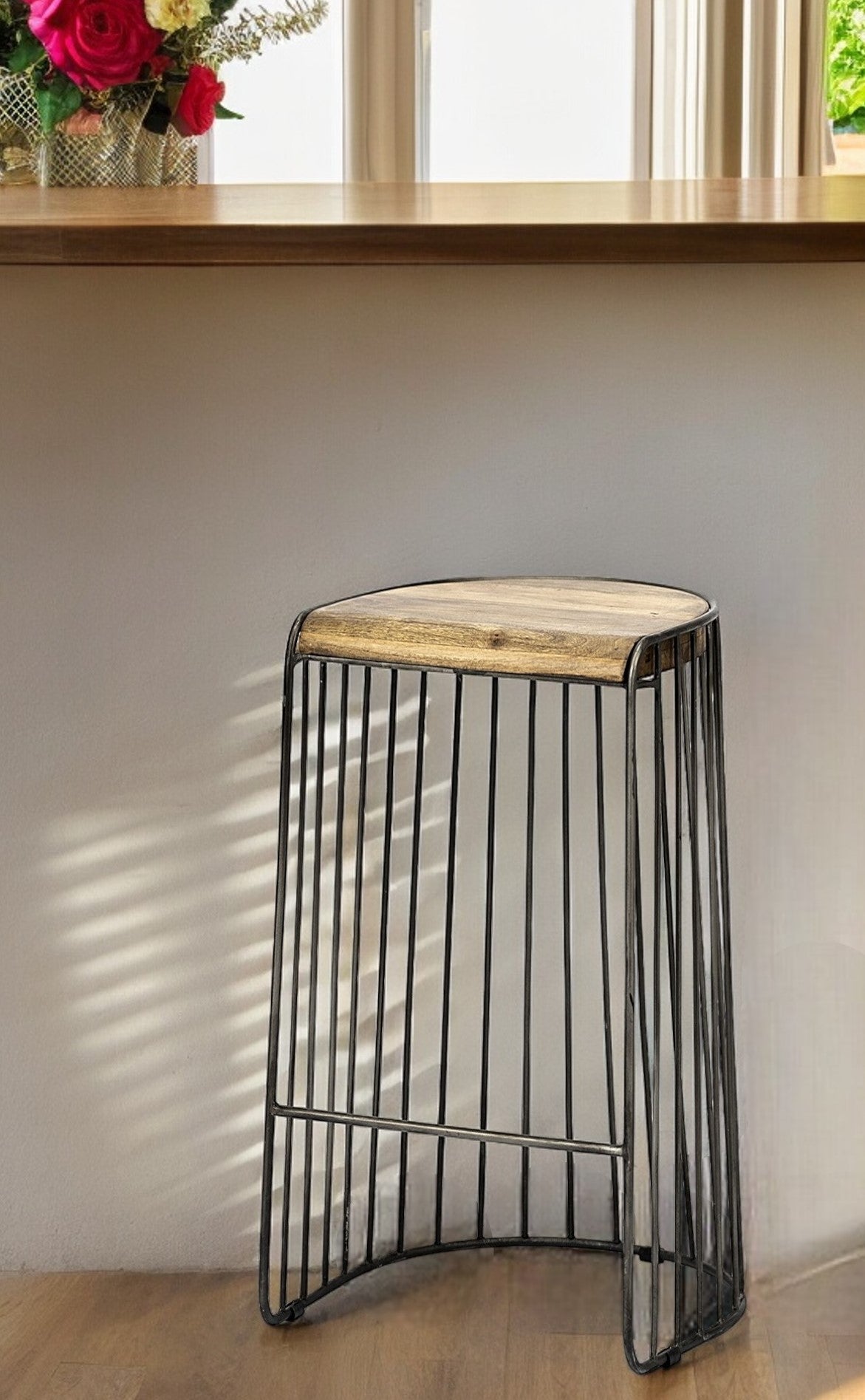 29" Black Solid Wood and Metal Backless Bar Chair-1