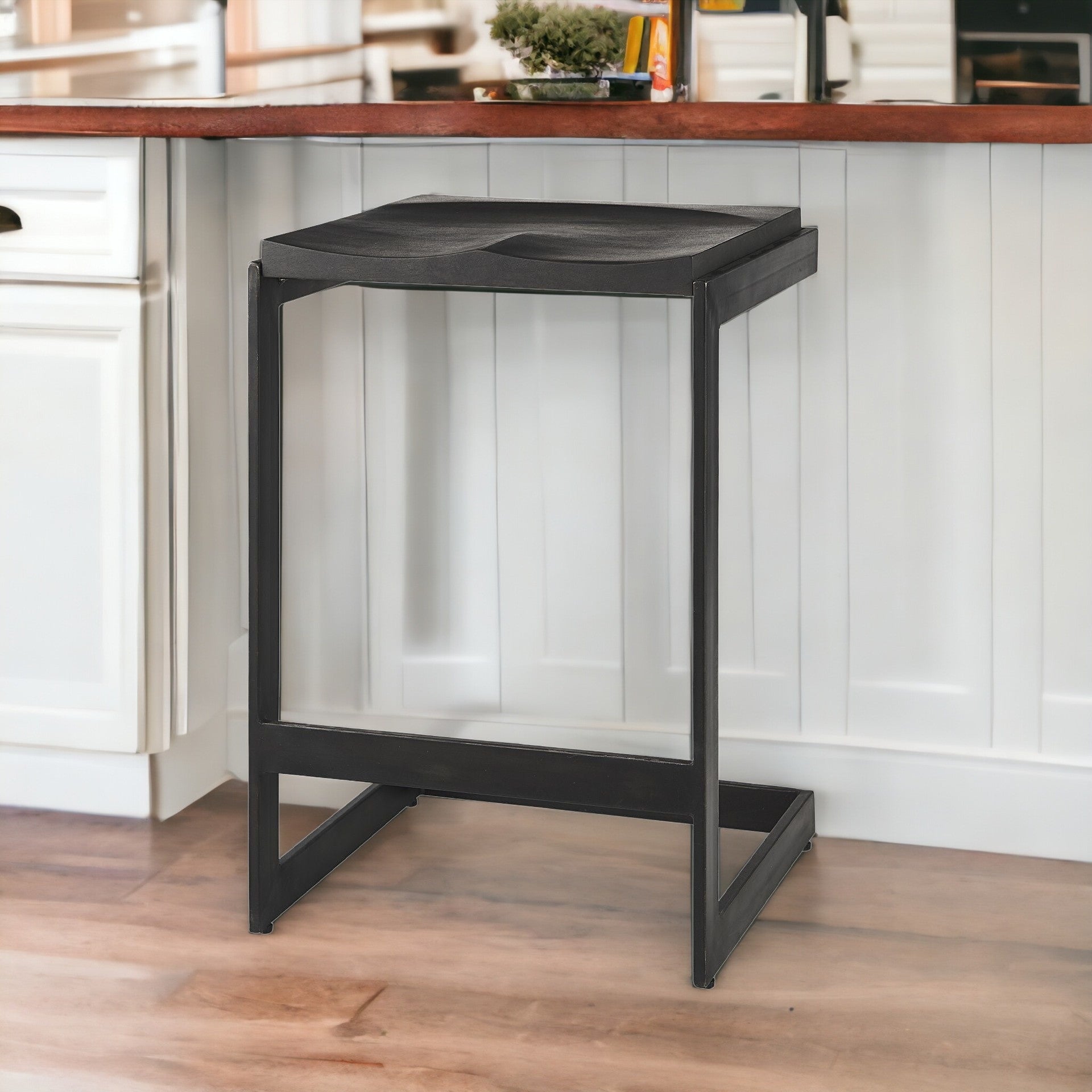 26" Black Solid Wood and Metal Backless Counter Height Bar Chair-1