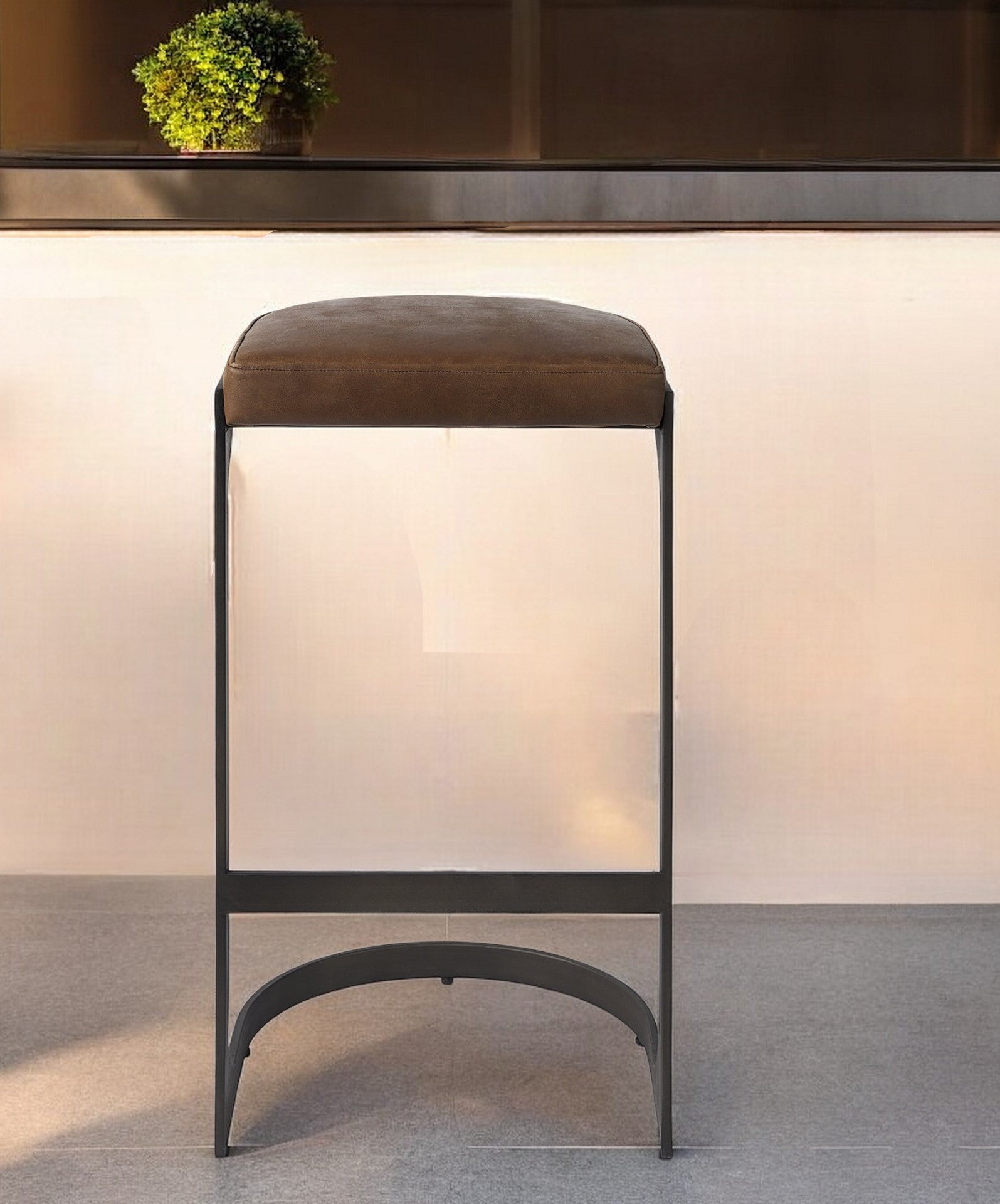 35" Black Leather and Metal Backless Bar Chair-0