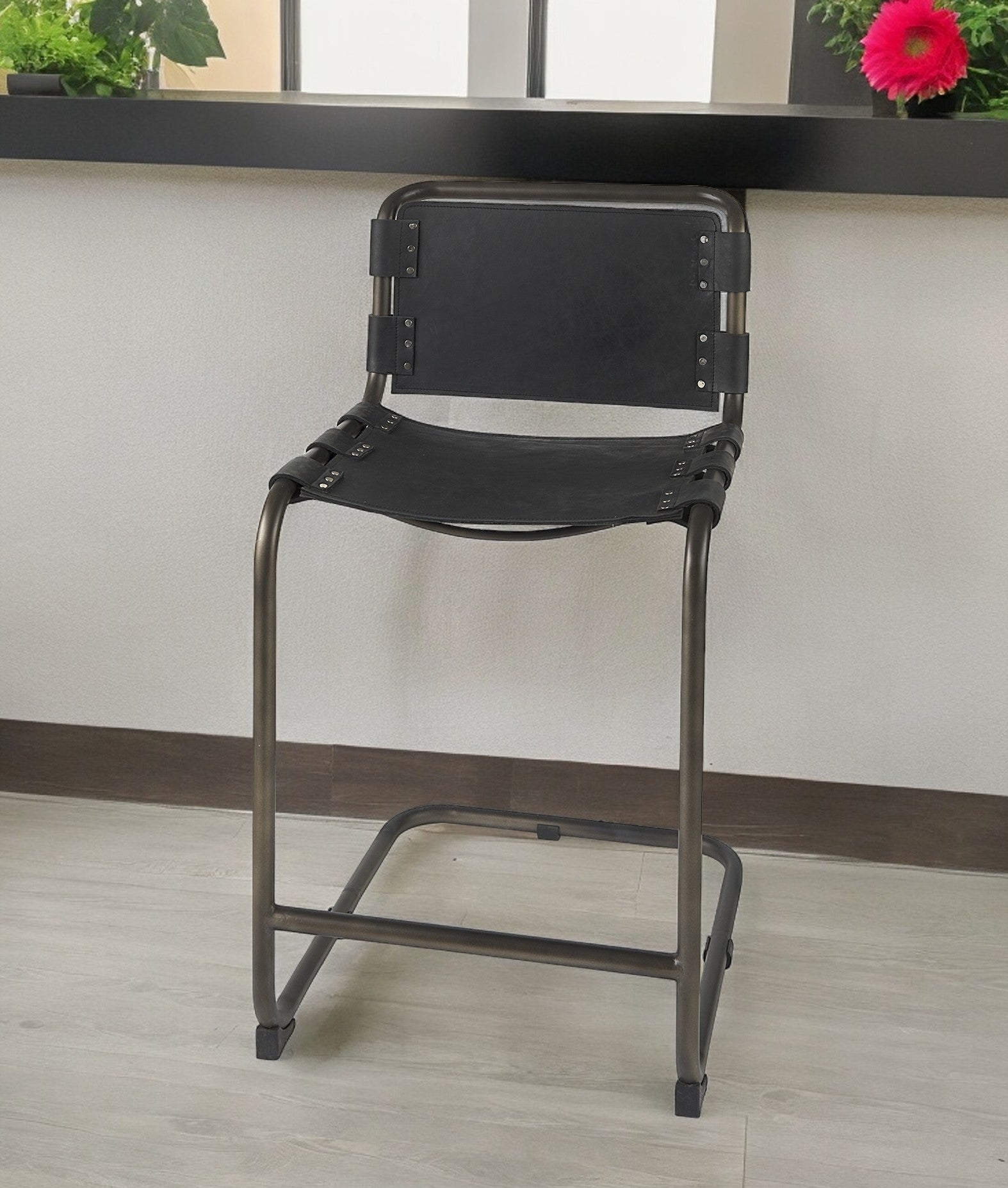 29" Black Leather And Iron Bar Chair-1