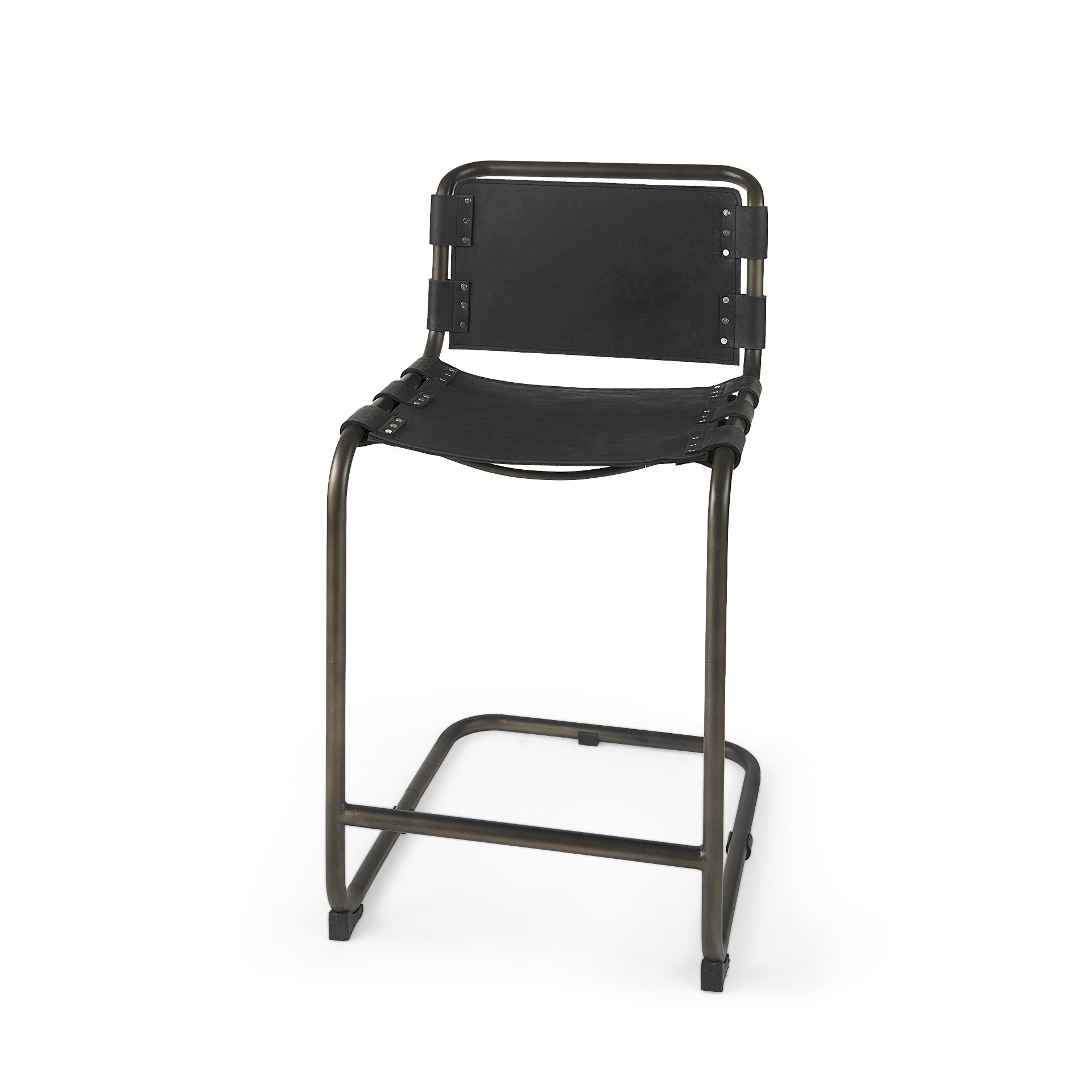 29" Black Leather And Iron Bar Chair-0