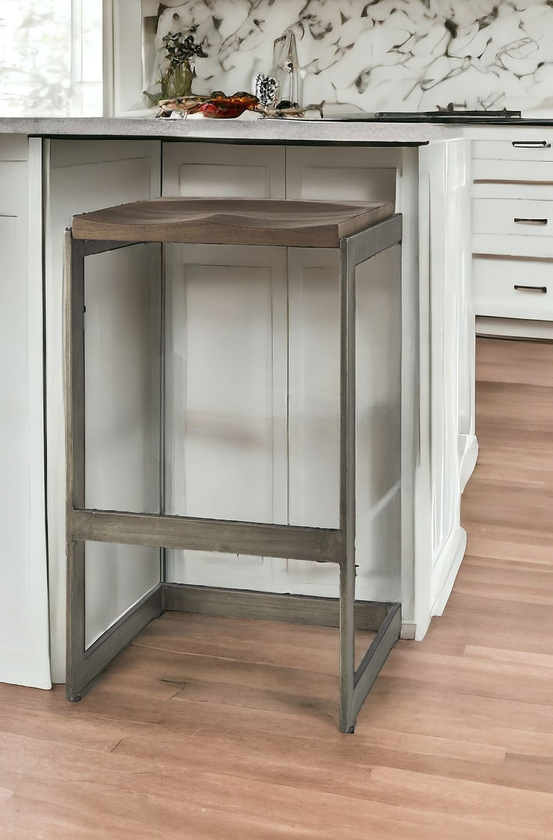 30" Wood Brown And Gray Solid Wood And Metal Backless Bar Height Bar Chair-1