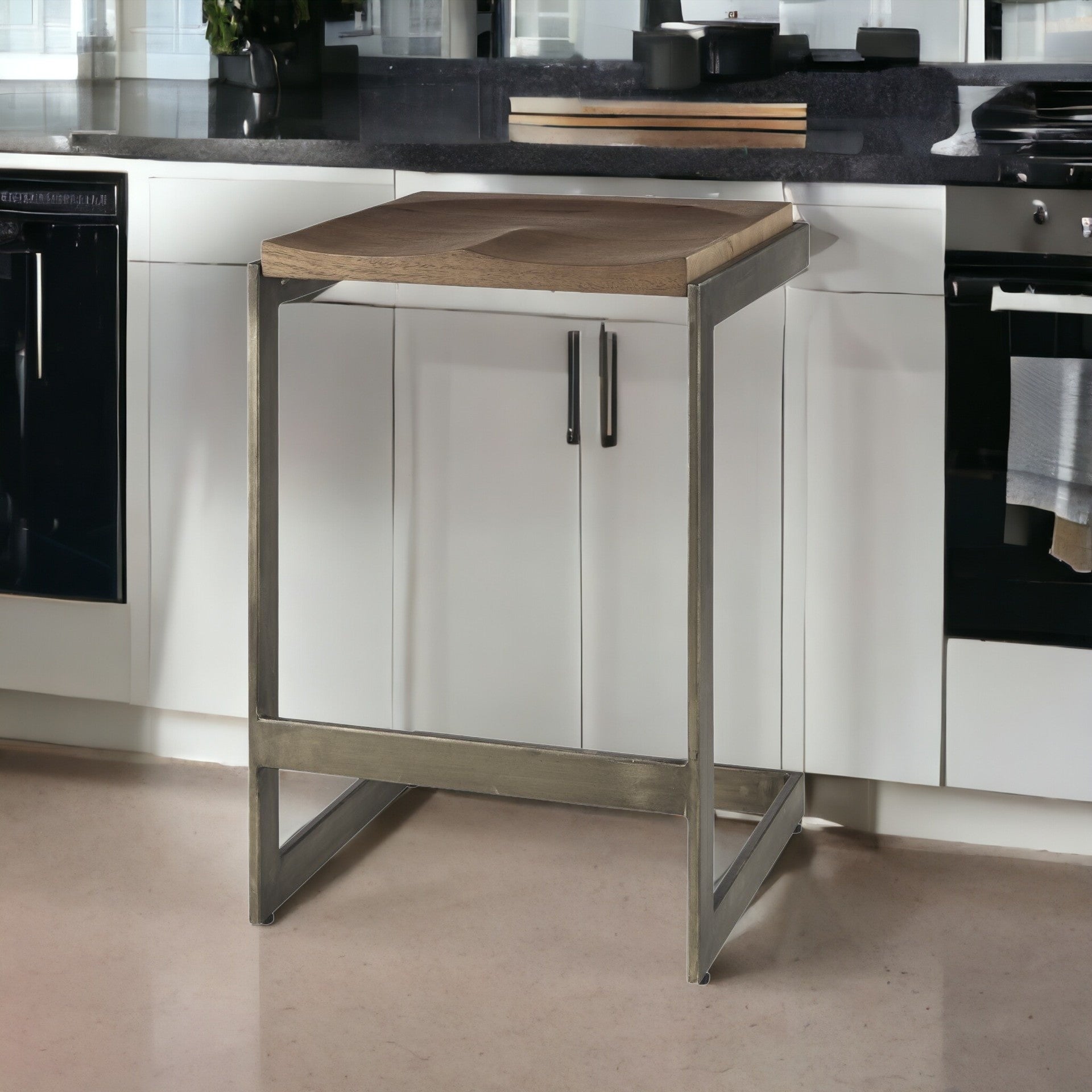 26" Wood Brown And Brown Solid Wood And Metal Backless Counter Height Bar Chair-1