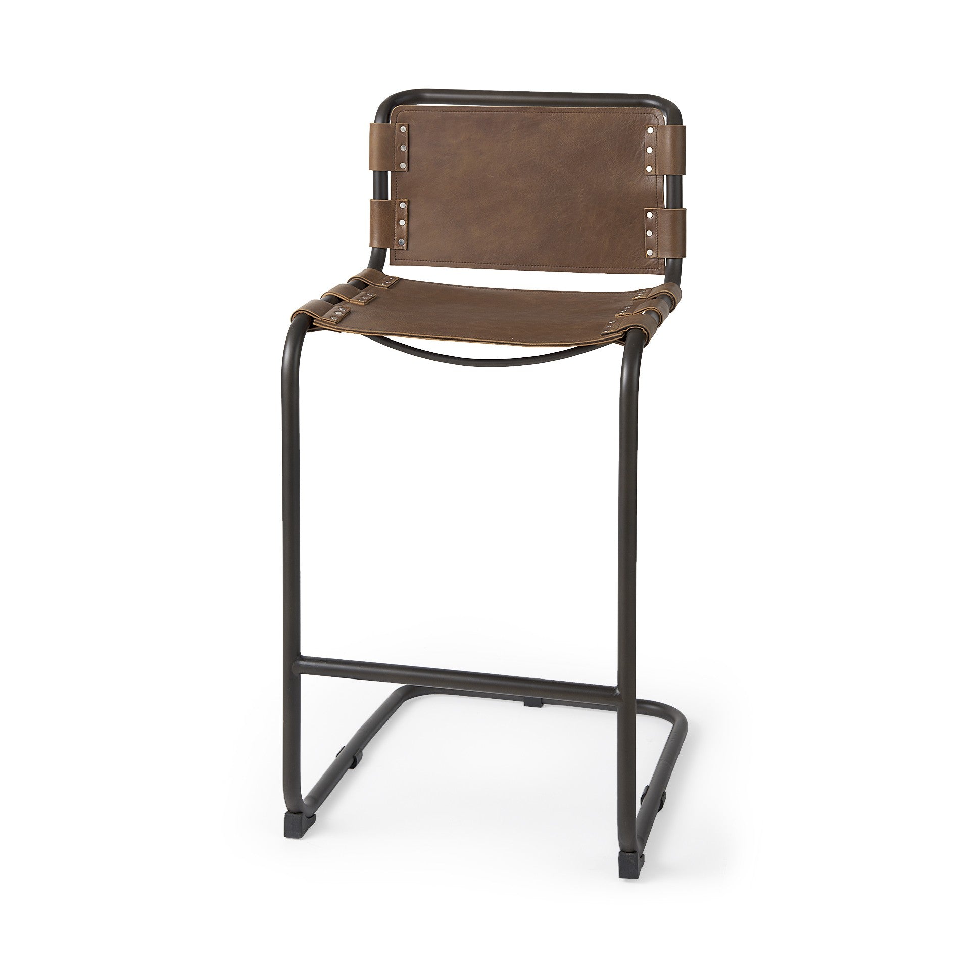 35" Brown and Black Leather and Metal Bar Chair-1