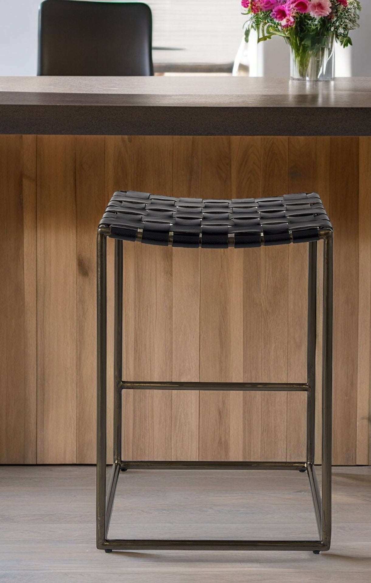 29" Bronze Leather and Metal Backless Bar Chair-1