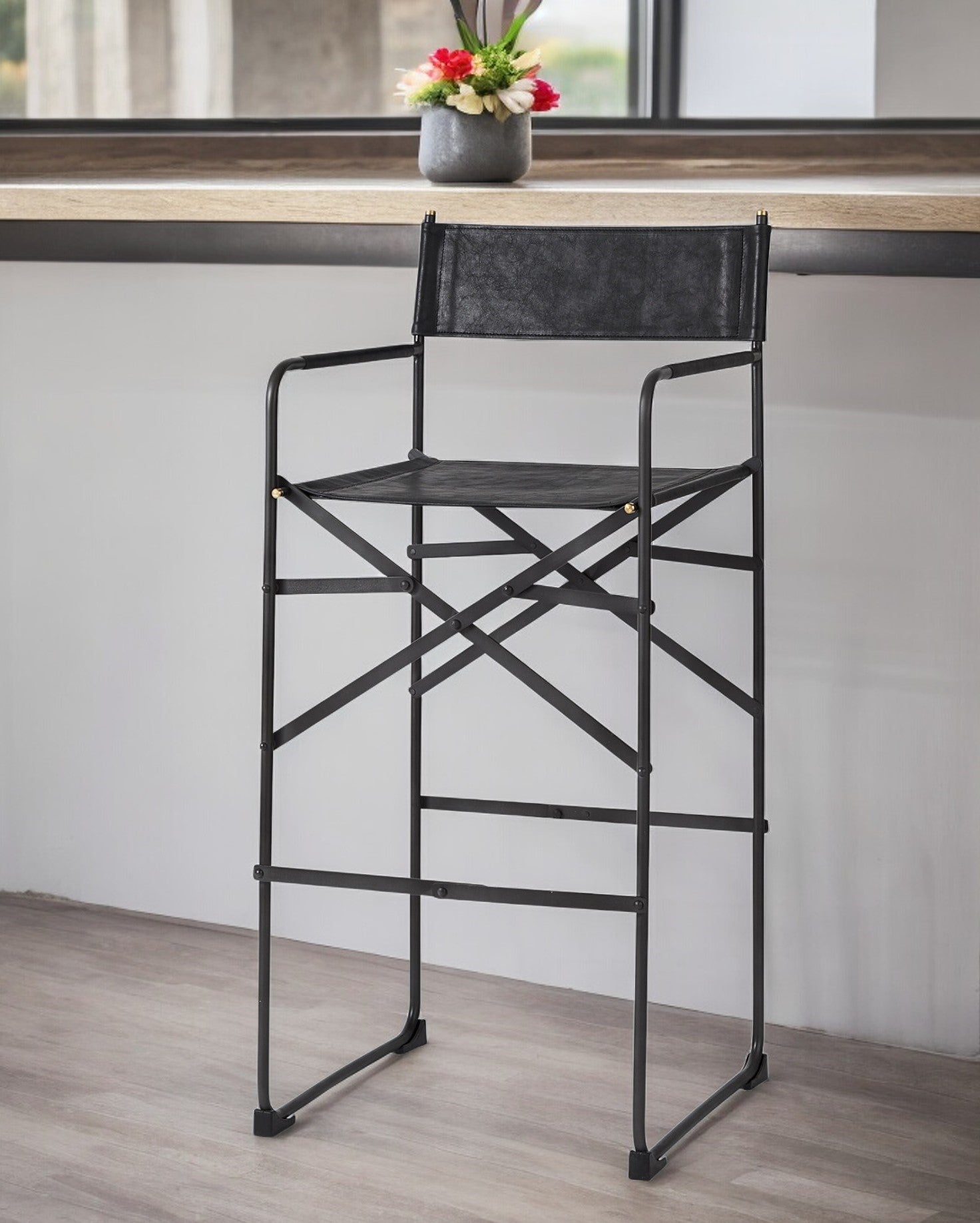 30" Black Leather And Metal Bar Height Bar Chair-1