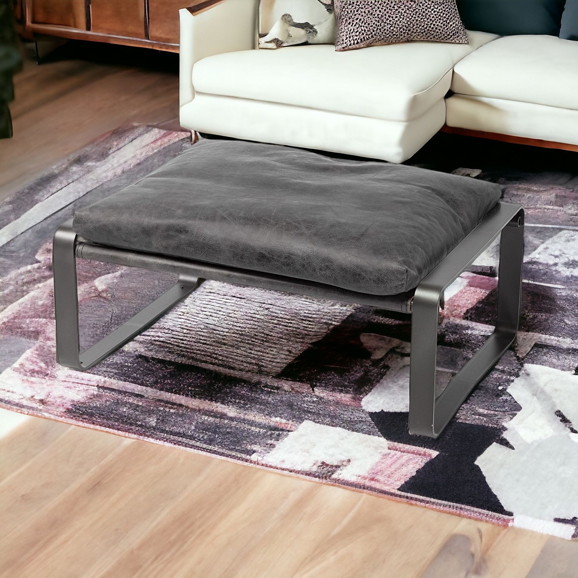 27" Black Genuine Leather Ottoman-2