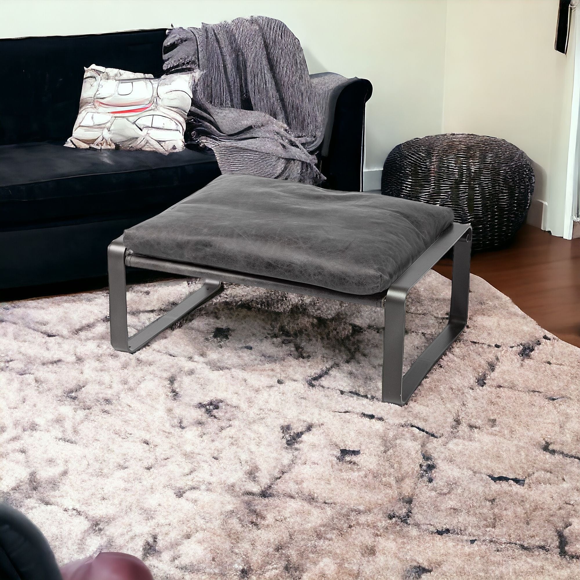 27" Black Genuine Leather Ottoman-1