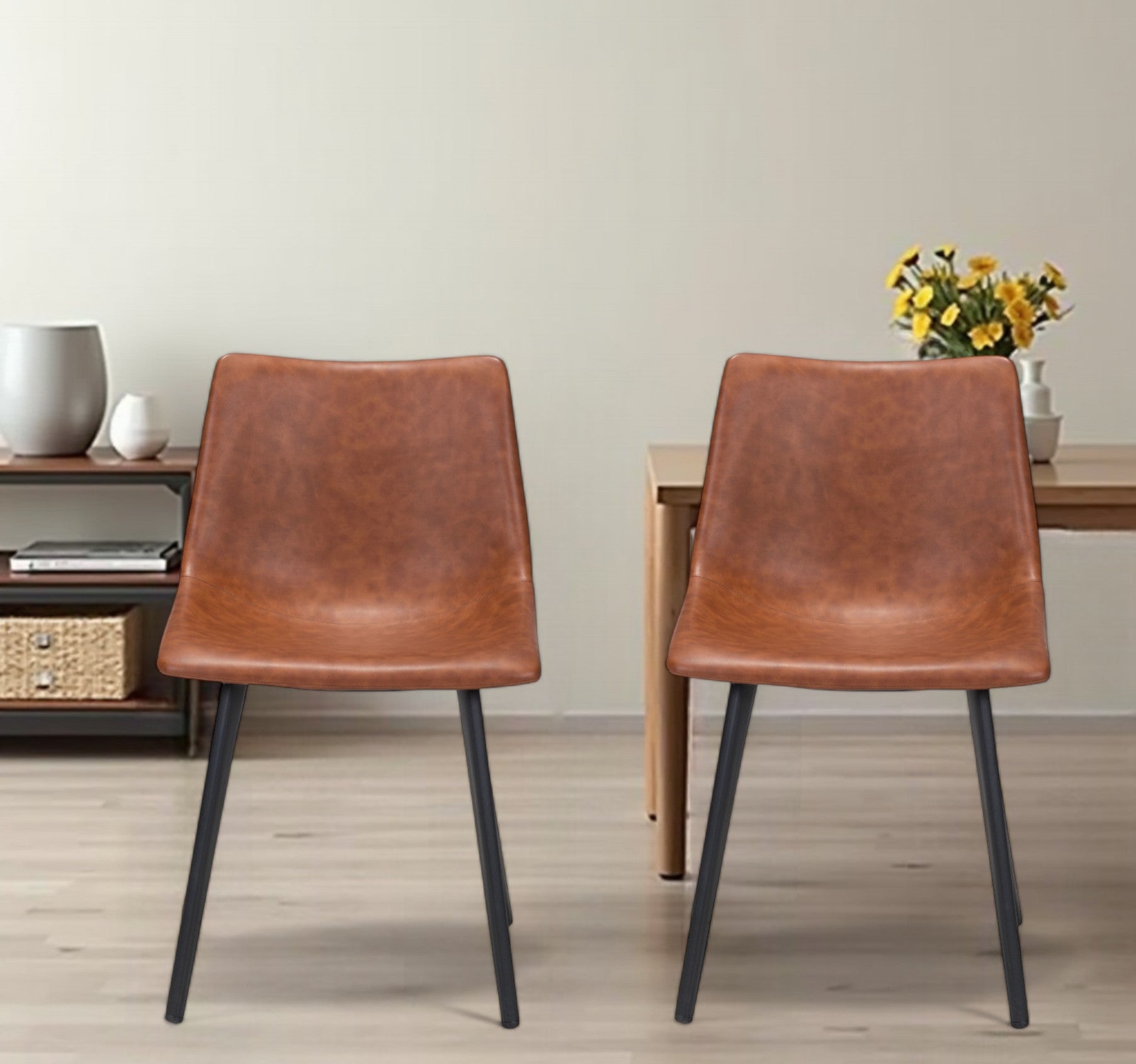 Set of Two Brown Vintage Look Faux Leather Slight Scoop Dining Chairs-1