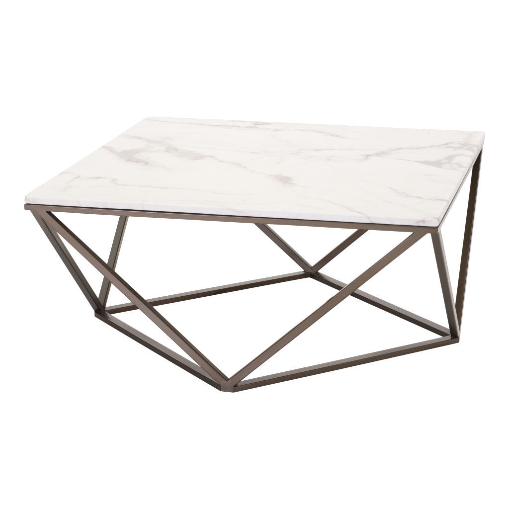36" White and Antiqued Brass Faux Marble And Steel Square Abstract Coffee Table-2