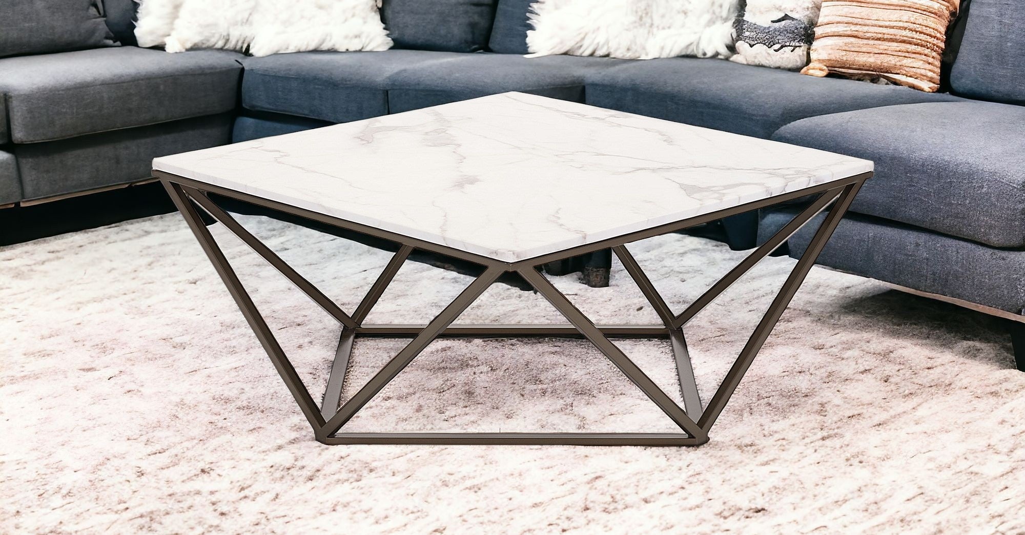 36" White and Antiqued Brass Faux Marble And Steel Square Abstract Coffee Table-1