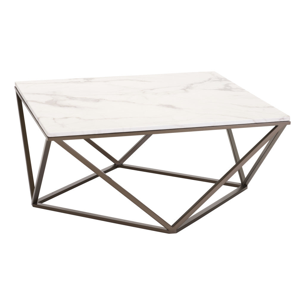 36" White and Antiqued Brass Faux Marble And Steel Square Abstract Coffee Table-3