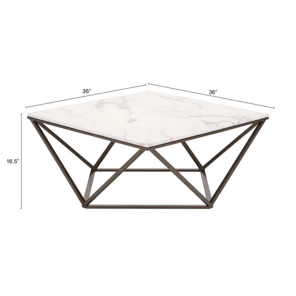 36" White and Antiqued Brass Faux Marble And Steel Square Abstract Coffee Table-8