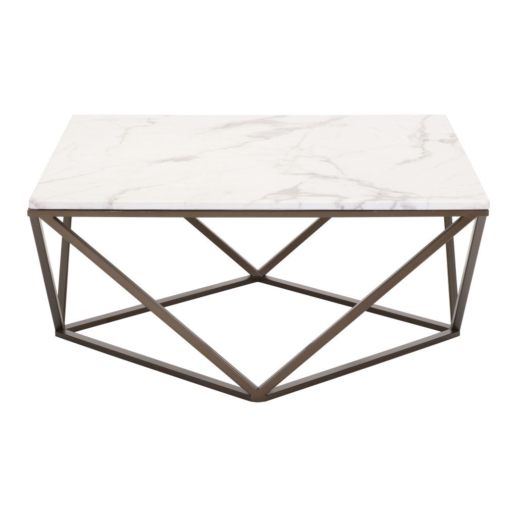 36" White and Antiqued Brass Faux Marble And Steel Square Abstract Coffee Table-4