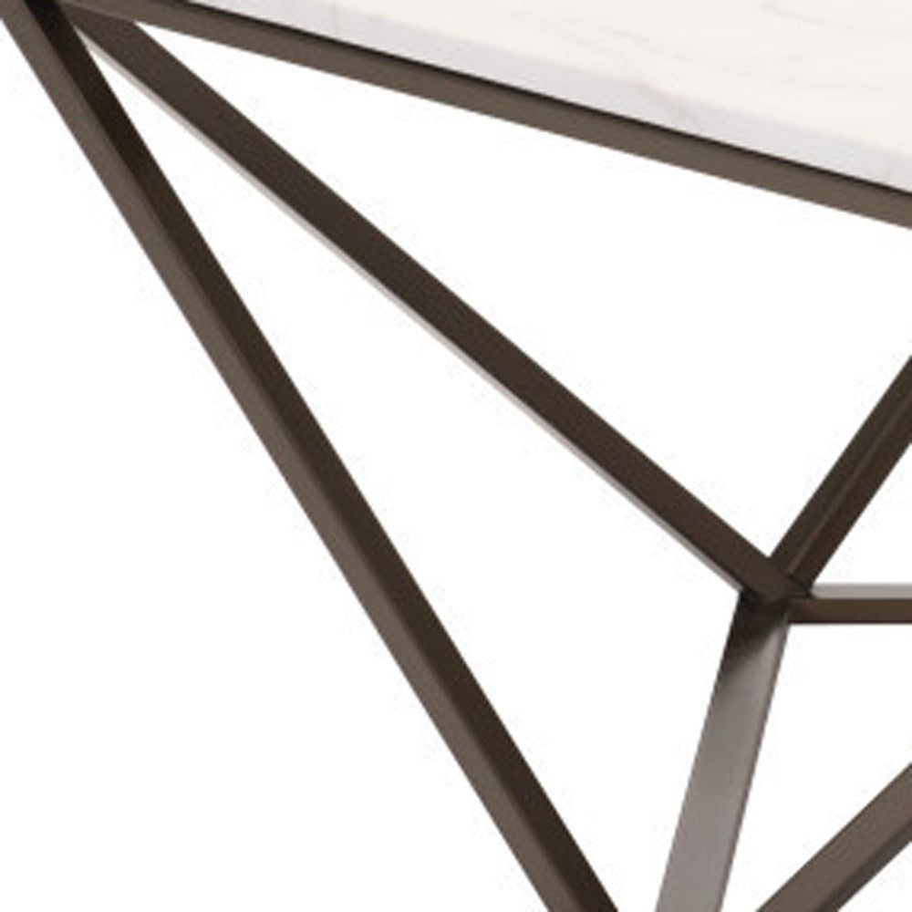 36" White and Antiqued Brass Faux Marble And Steel Square Abstract Coffee Table-5