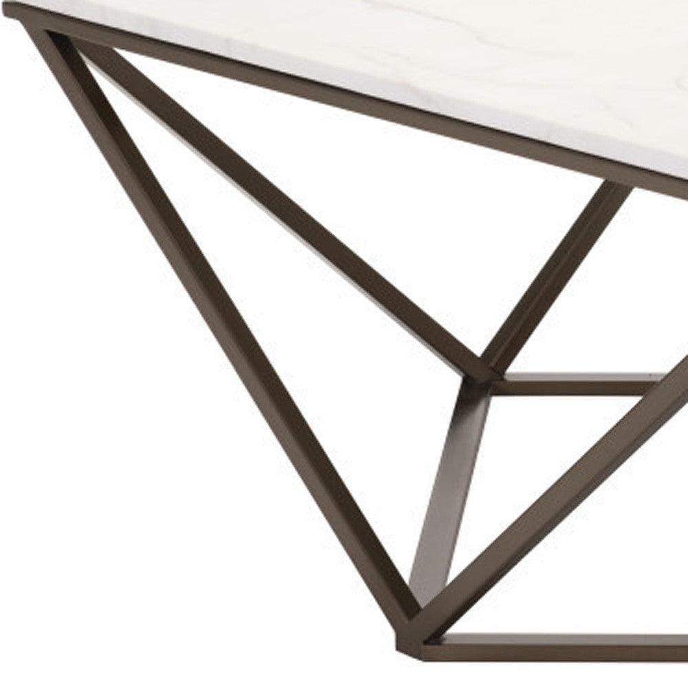 36" White and Antiqued Brass Faux Marble And Steel Square Abstract Coffee Table-6