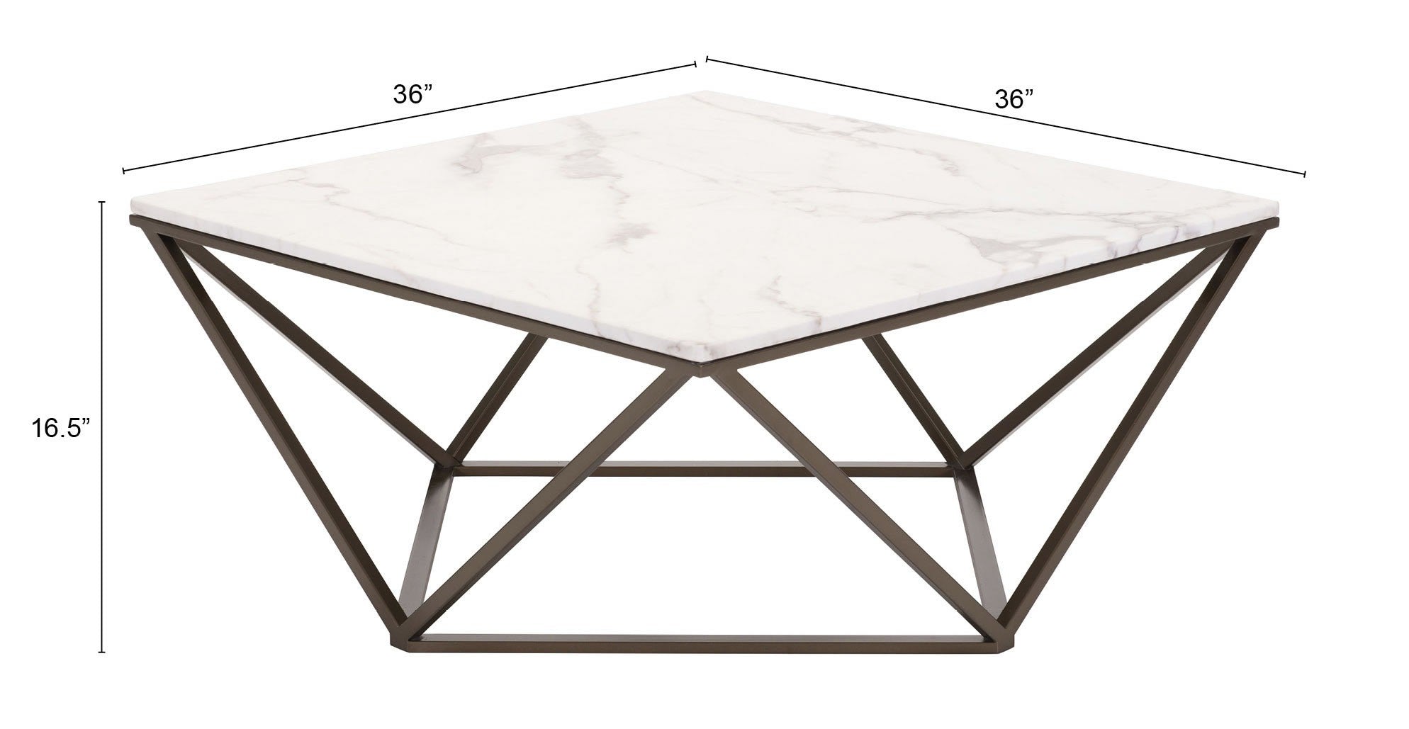 36" White and Antiqued Brass Faux Marble And Steel Square Abstract Coffee Table-7