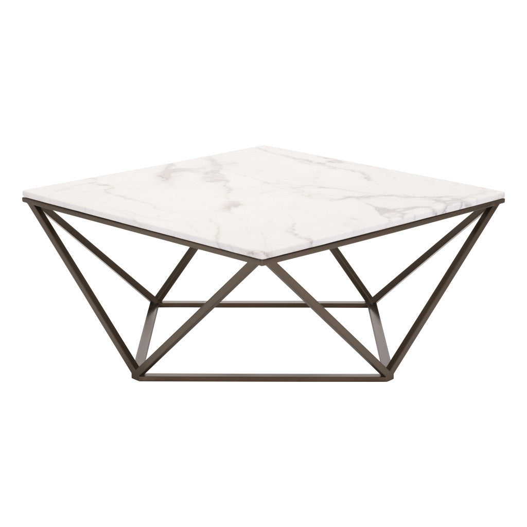 36" White and Antiqued Brass Faux Marble And Steel Square Abstract Coffee Table-0