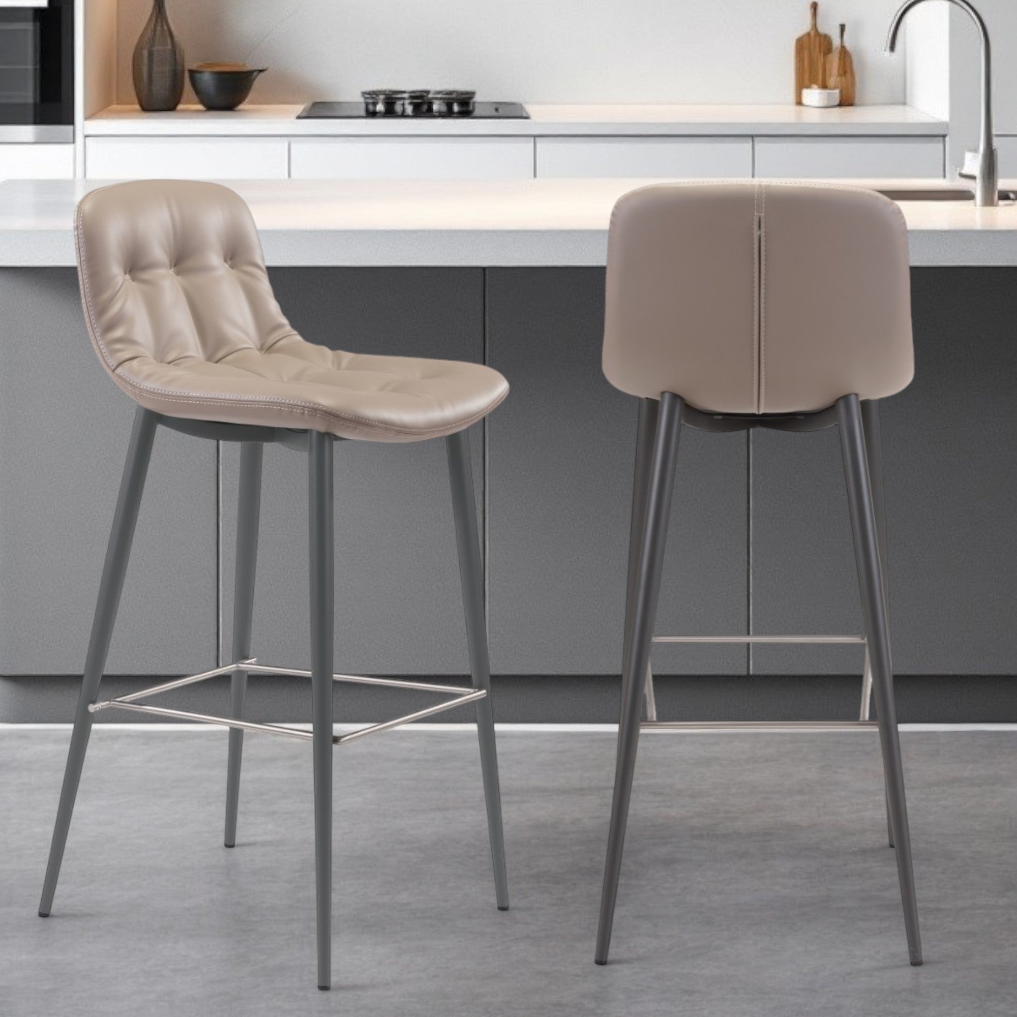 Set of Two 30" Taupe And Black Steel Low Back Bar Height Bar Chairs-1