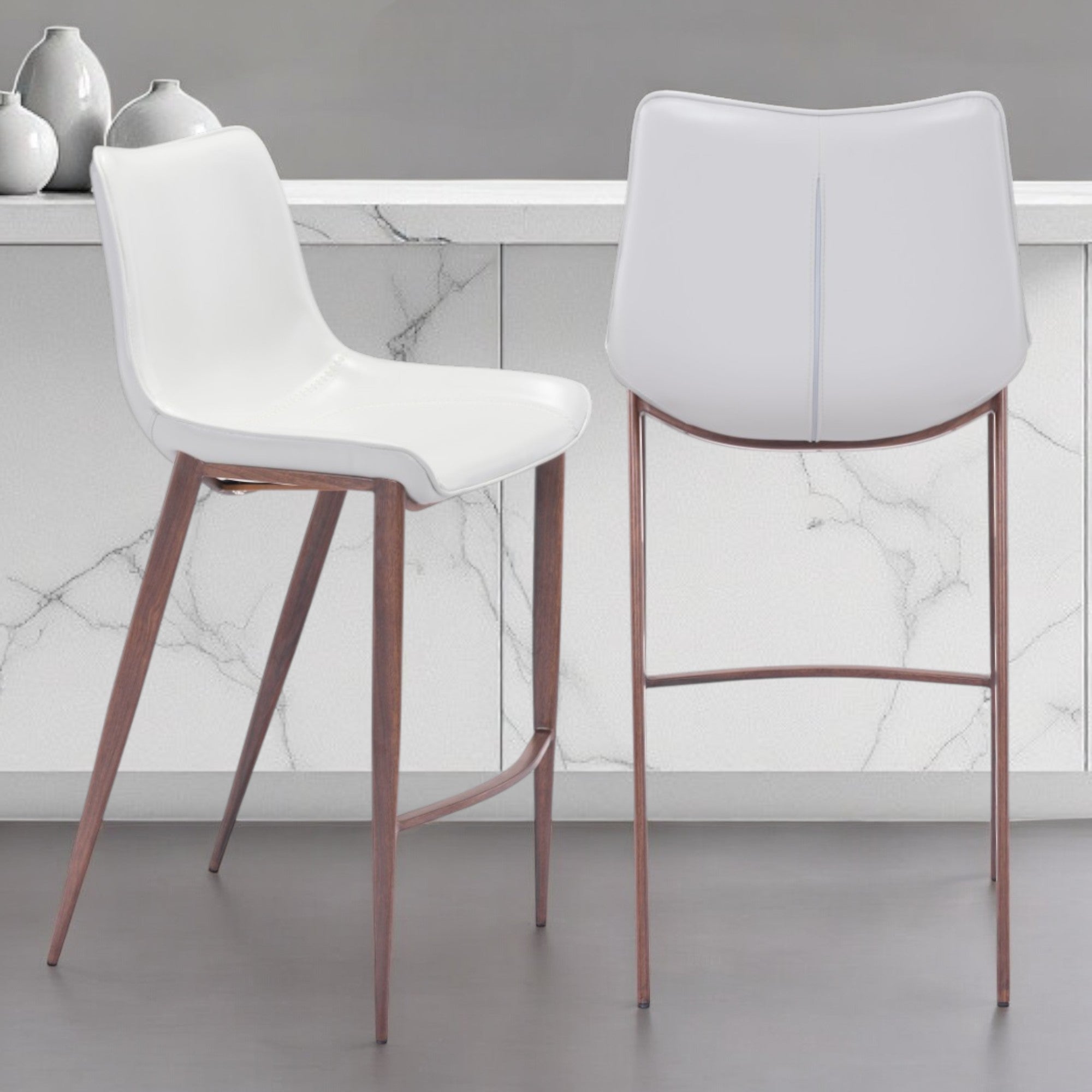 Set of Two 30" White And Brown Steel Low Back Bar Height Bar Chairs-1