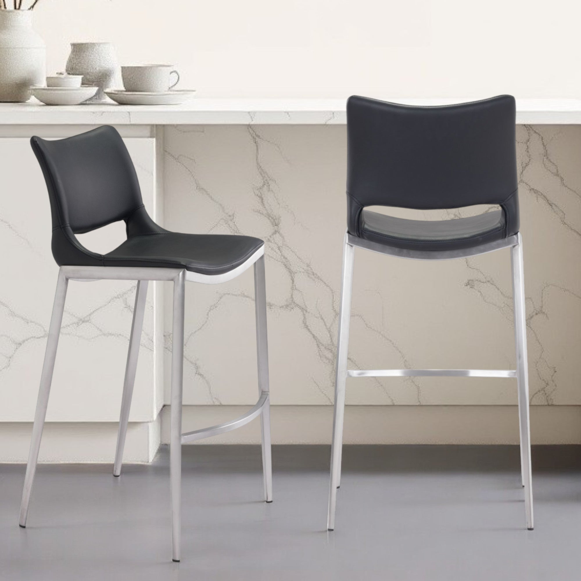 Set of Two 29" Black And Silver Steel Low Back Bar Height Bar Chairs-1