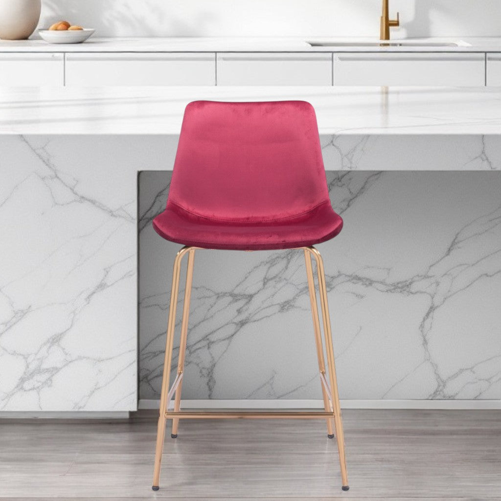 26" Red And Copper Velvet And Steel Low Back Counter Height Bar Chair-1