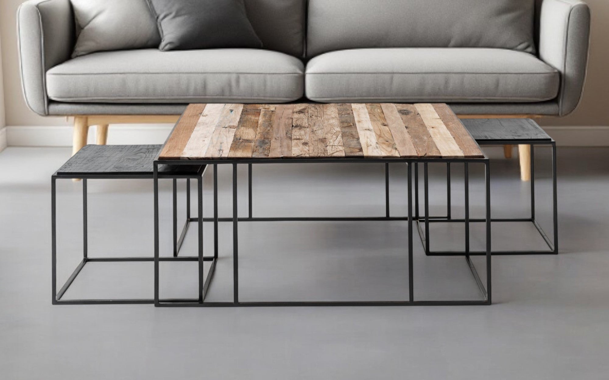 Set of Three 39" Brown And Black Solid Wood And Iron Square Nested Coffee Tables-1