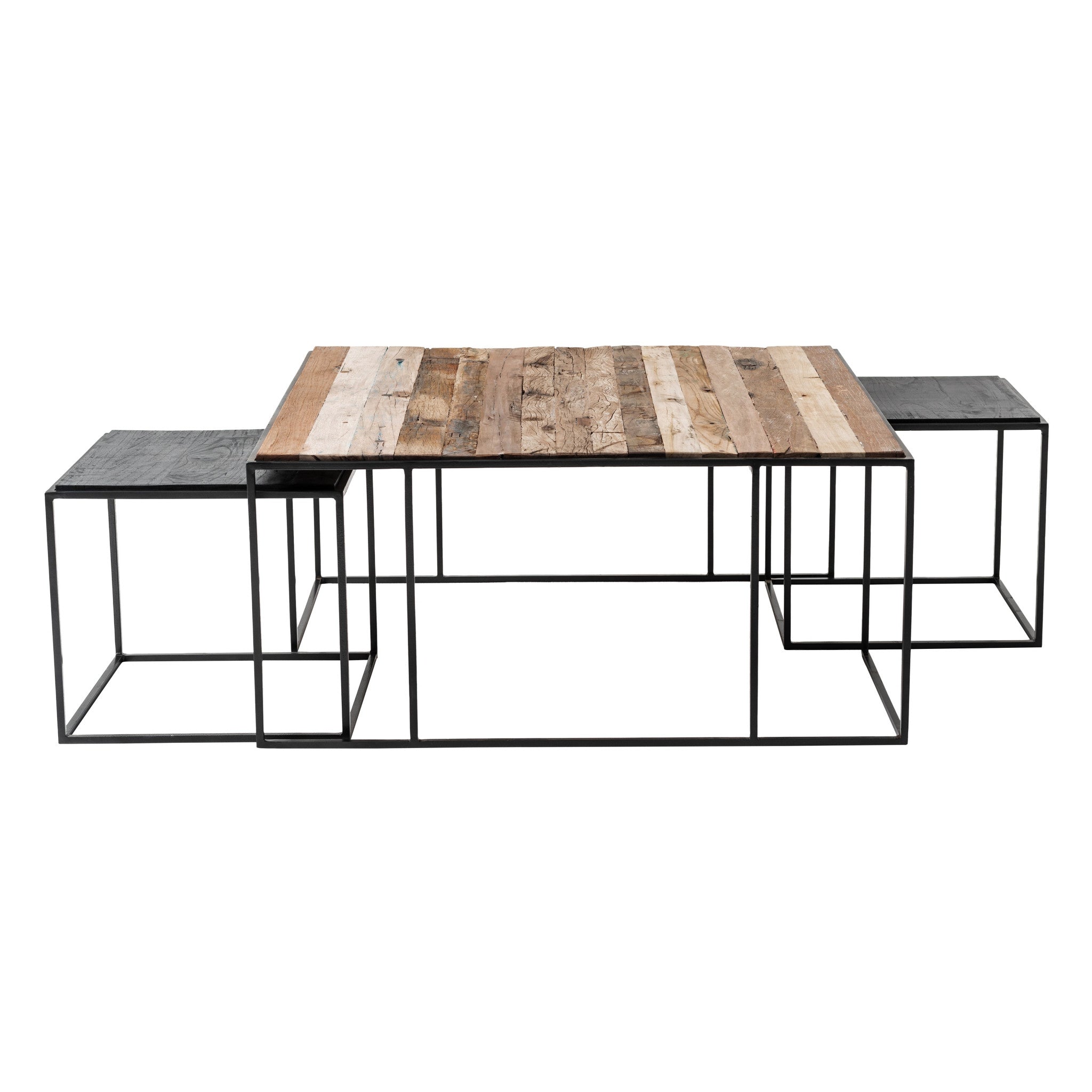 Set of Three 39" Brown And Black Solid Wood And Iron Square Nested Coffee Tables-0
