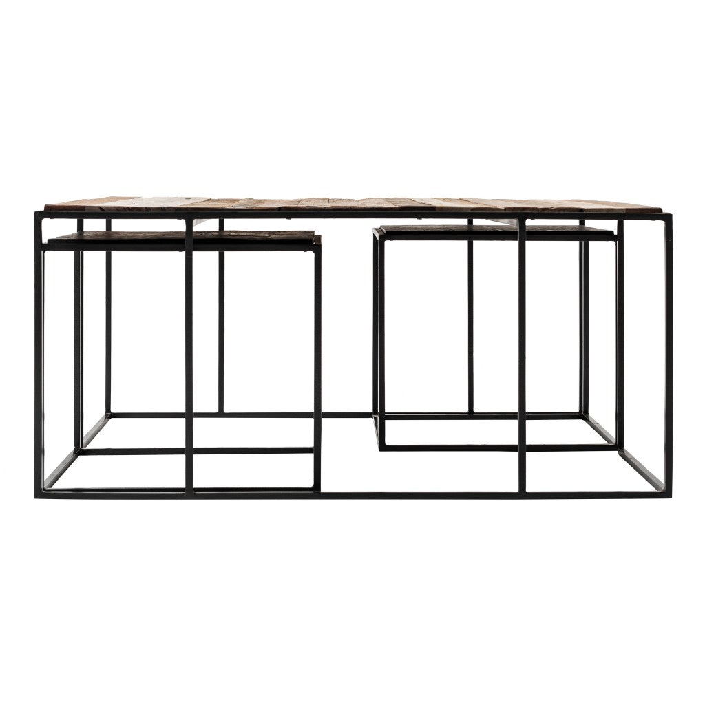 Set of Three 39" Brown And Black Solid Wood And Iron Square Nested Coffee Tables-2