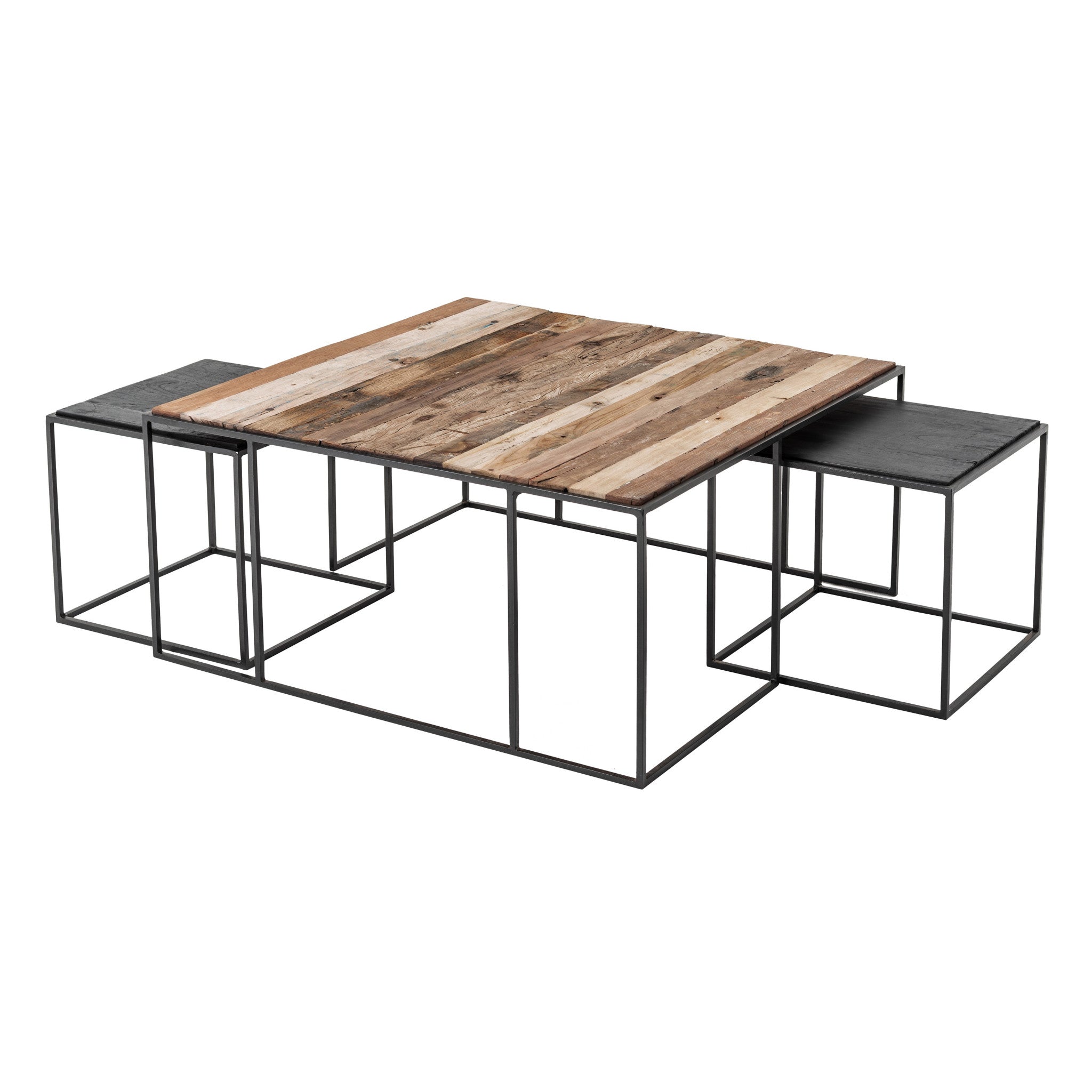 Set of Three 39" Brown And Black Solid Wood And Iron Square Nested Coffee Tables-4