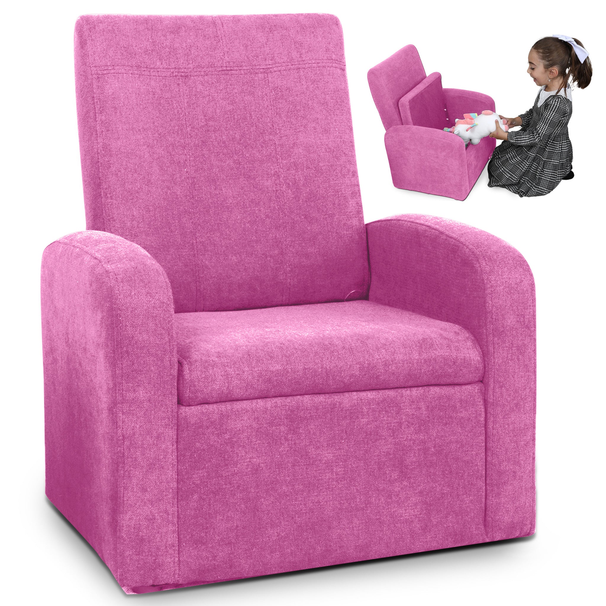 Kids Pink Comfy Upholstered Recliner Chair with Storage-0