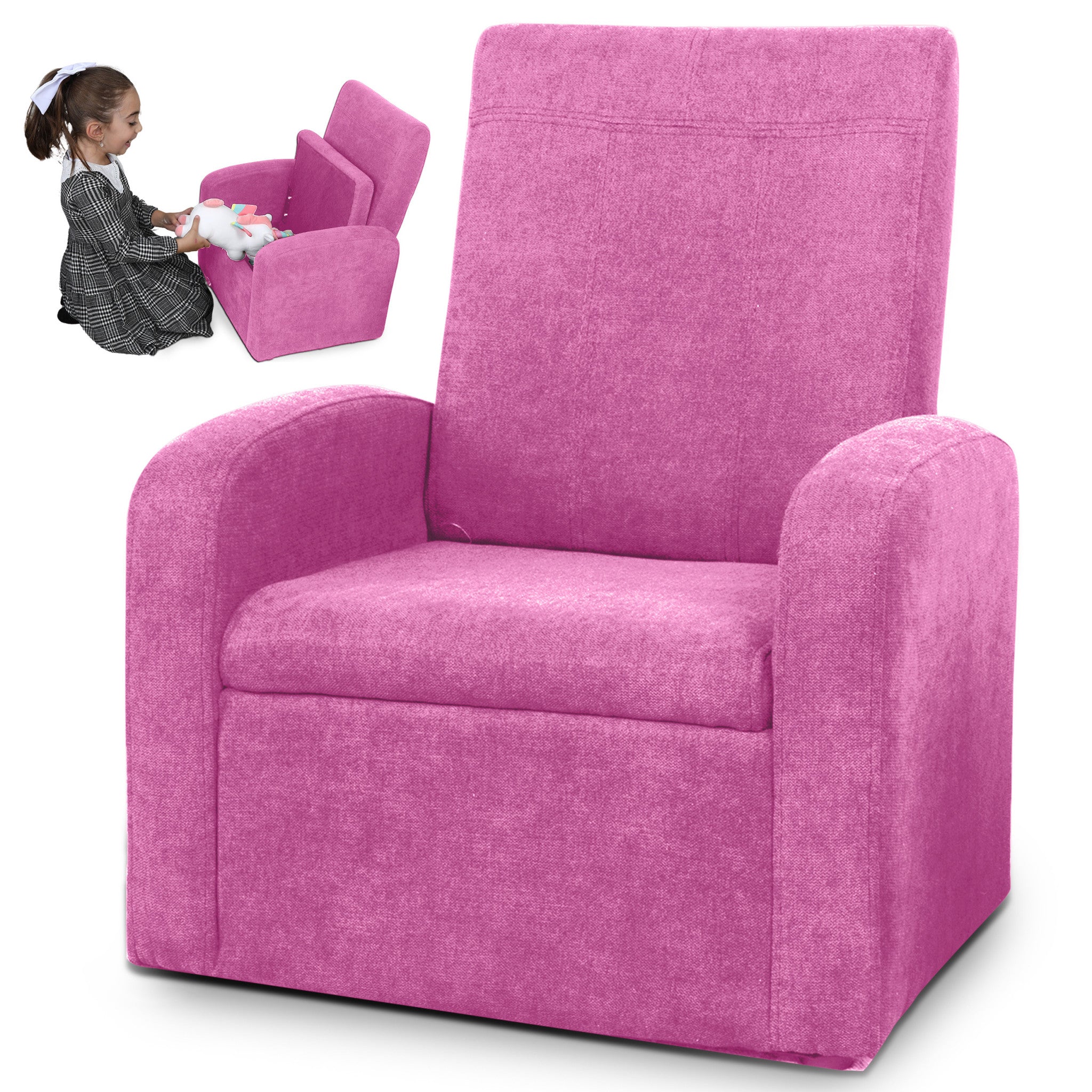 Kids Pink Comfy Upholstered Recliner Chair with Storage-2
