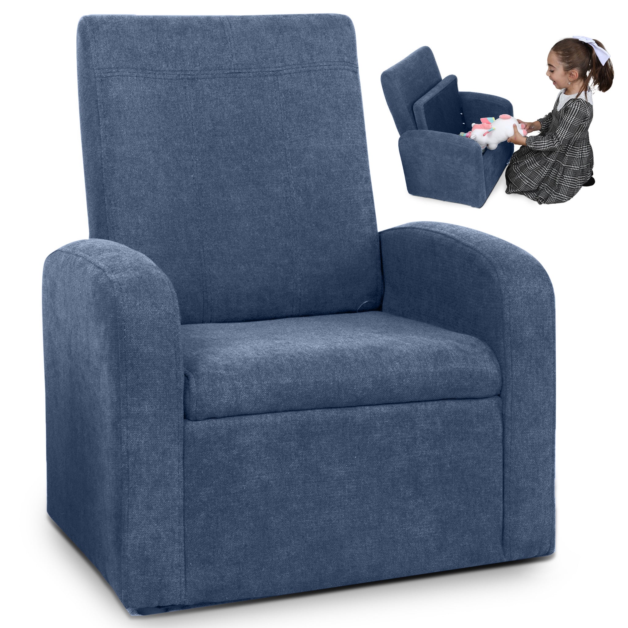 Kids Blue Comfy Upholstered Recliner Chair with Storage-0