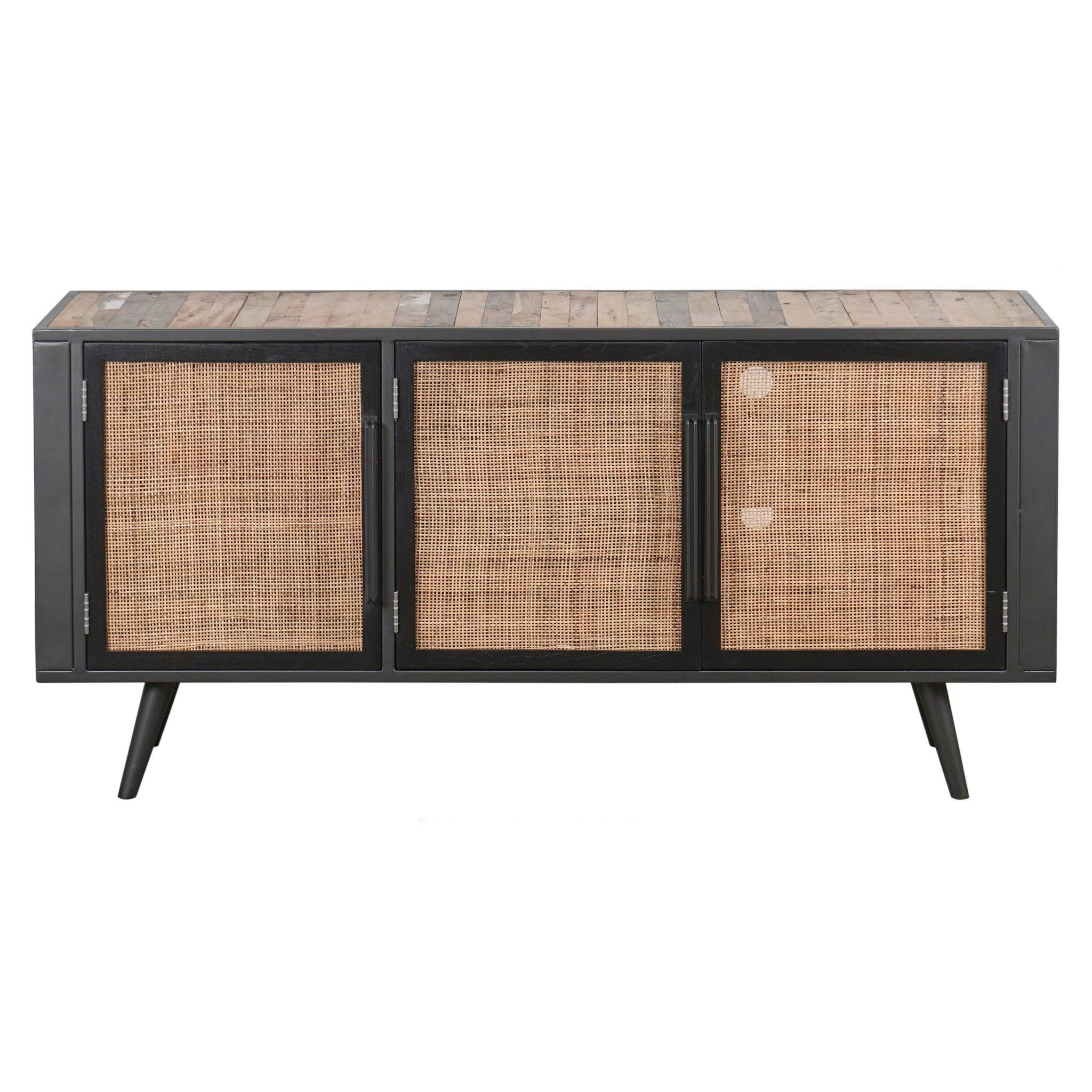 Rustic Black Natural and Rattan Media Cabinet with Three Doors-0
