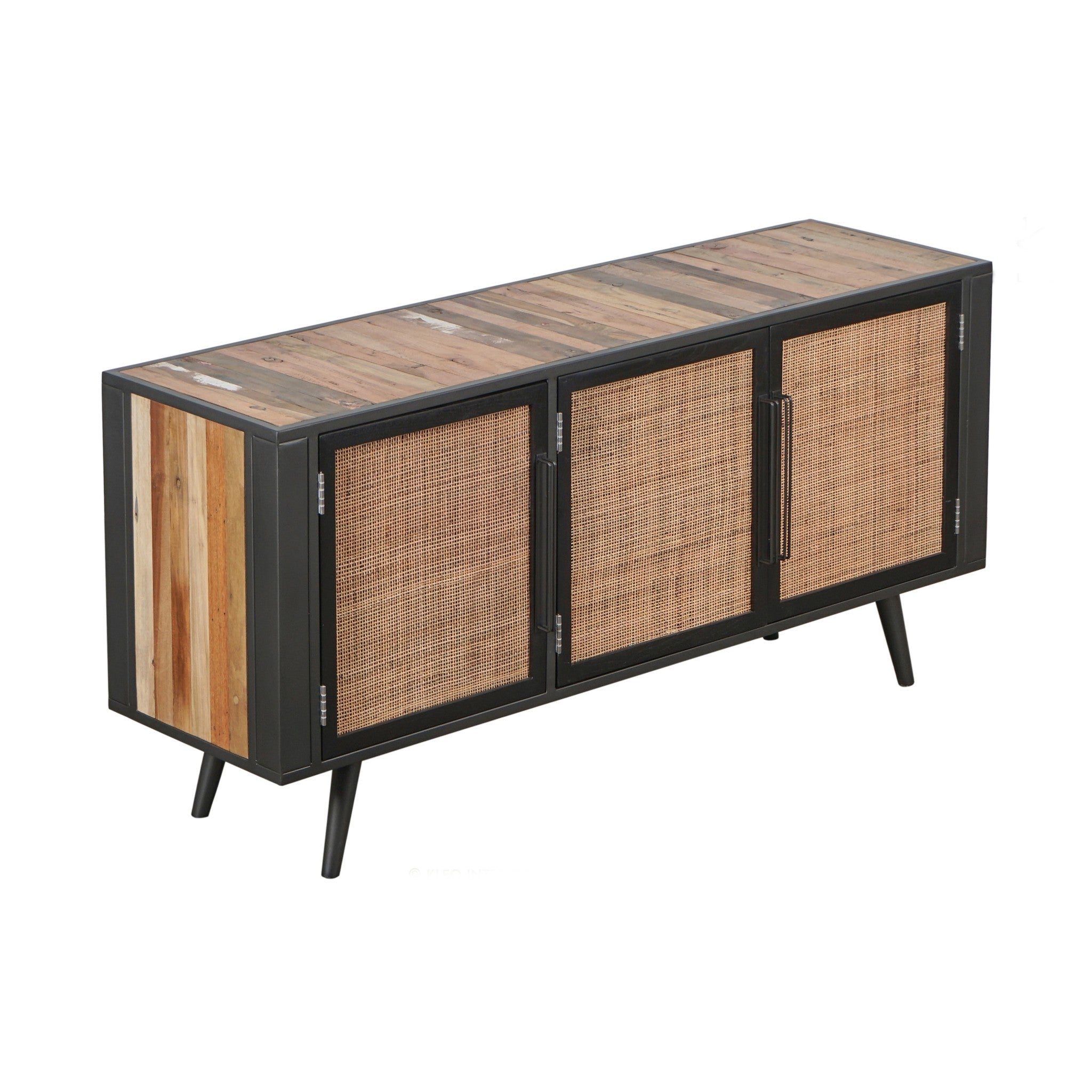 Rustic Black Natural and Rattan Media Cabinet with Three Doors-2