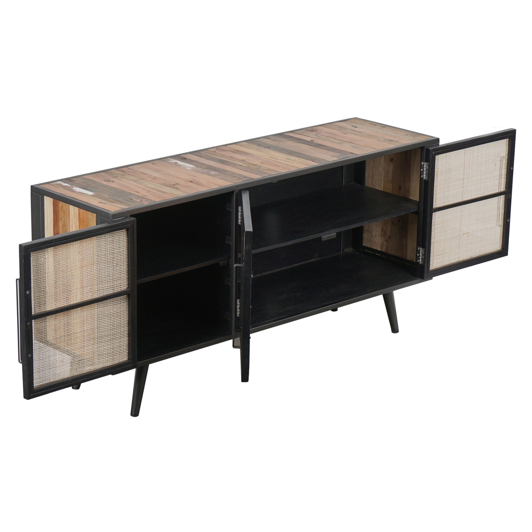 Rustic Black Natural and Rattan Media Cabinet with Three Doors-3