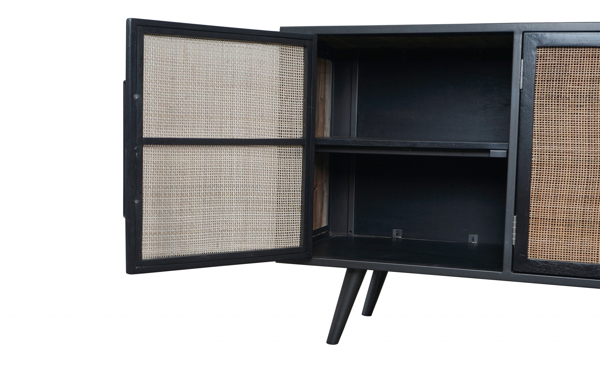 Rustic Black Natural and Rattan Media Cabinet with Three Doors-6